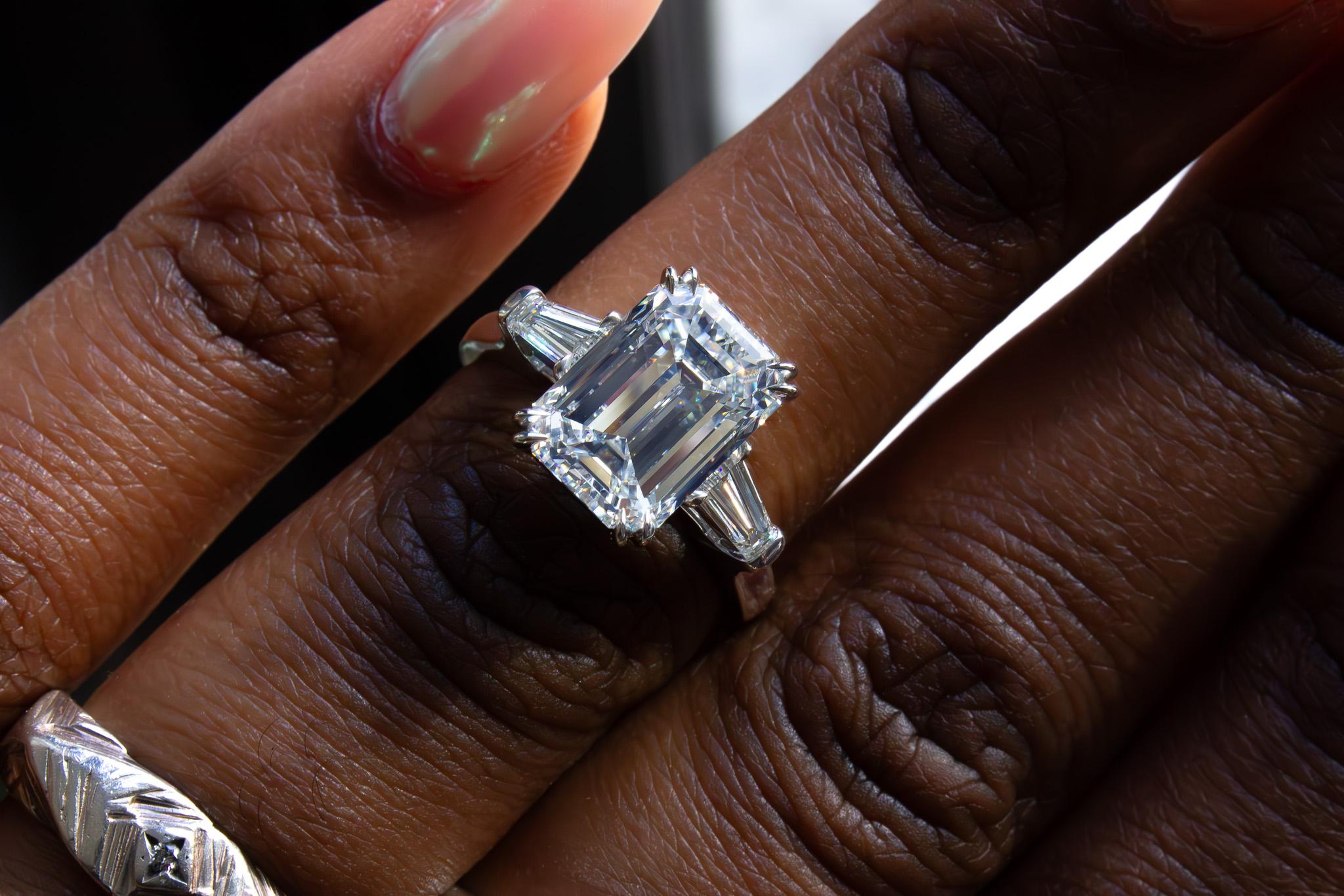 J. Birnbach GIA Certified 5.03 Carat Emerald Cut Diamond Three-Stone Ring For Sale 1