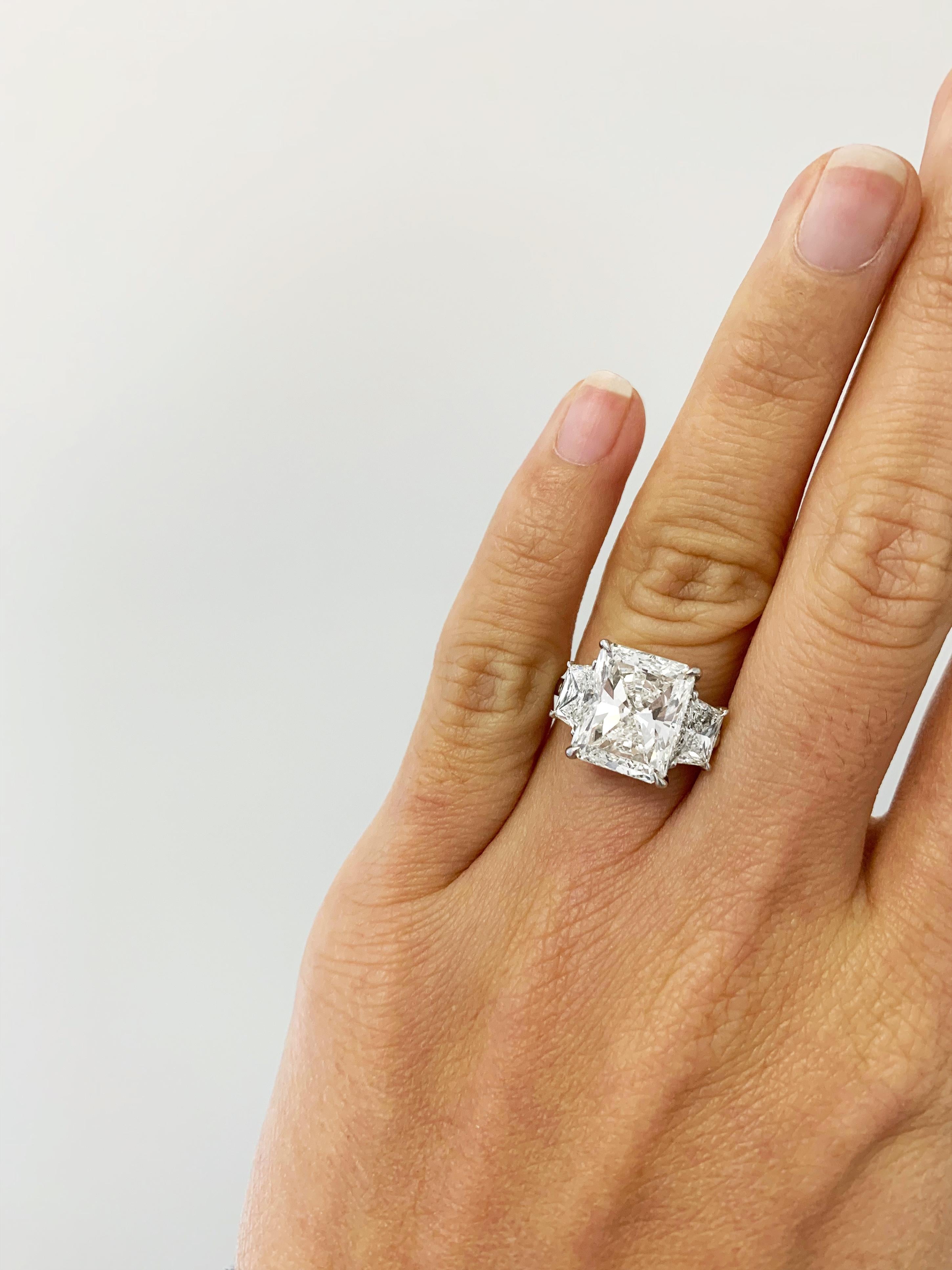 Women's J. Birnbach 5.01 Carat Radiant Cut Diamond Three-Stone Engagement Ring For Sale