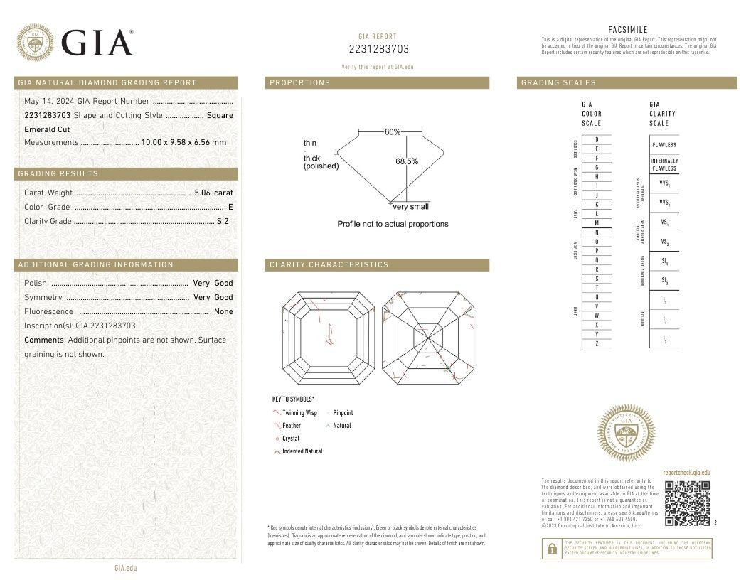 J. Birnbach Anillo de compromiso de diamantes de corte Asscher de 5,06 quilates E SI2 con certificación GIA en venta 1