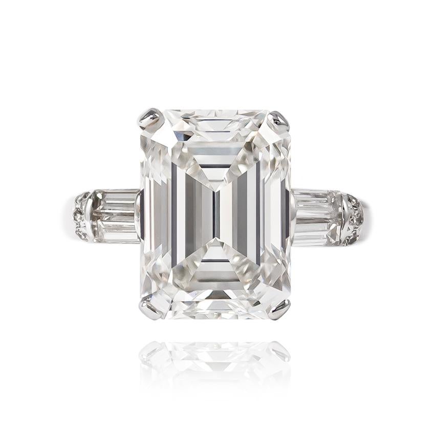 This breathtaking ring features a GIA certified 7.12 ct Emerald cut diamond of H color and VS1 clarity. Set with straight baguettes and pavé details, this ring is a contemporary take on a classic style. 

Purchase includes complimentary ring sizing,