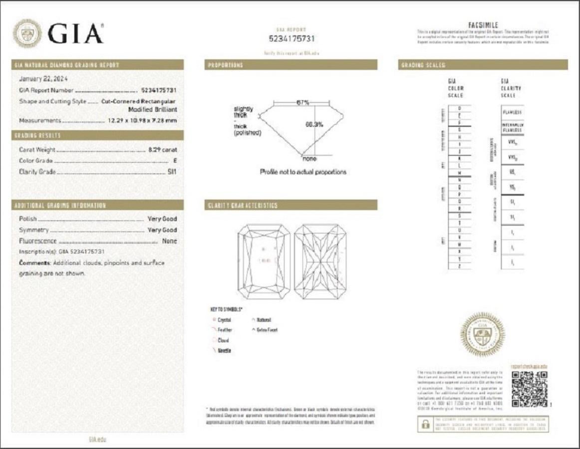 J. Birnbach GIA Certified 8.29 carat E SI1 Radiant Cut Diamond Three Stone Ring For Sale 2