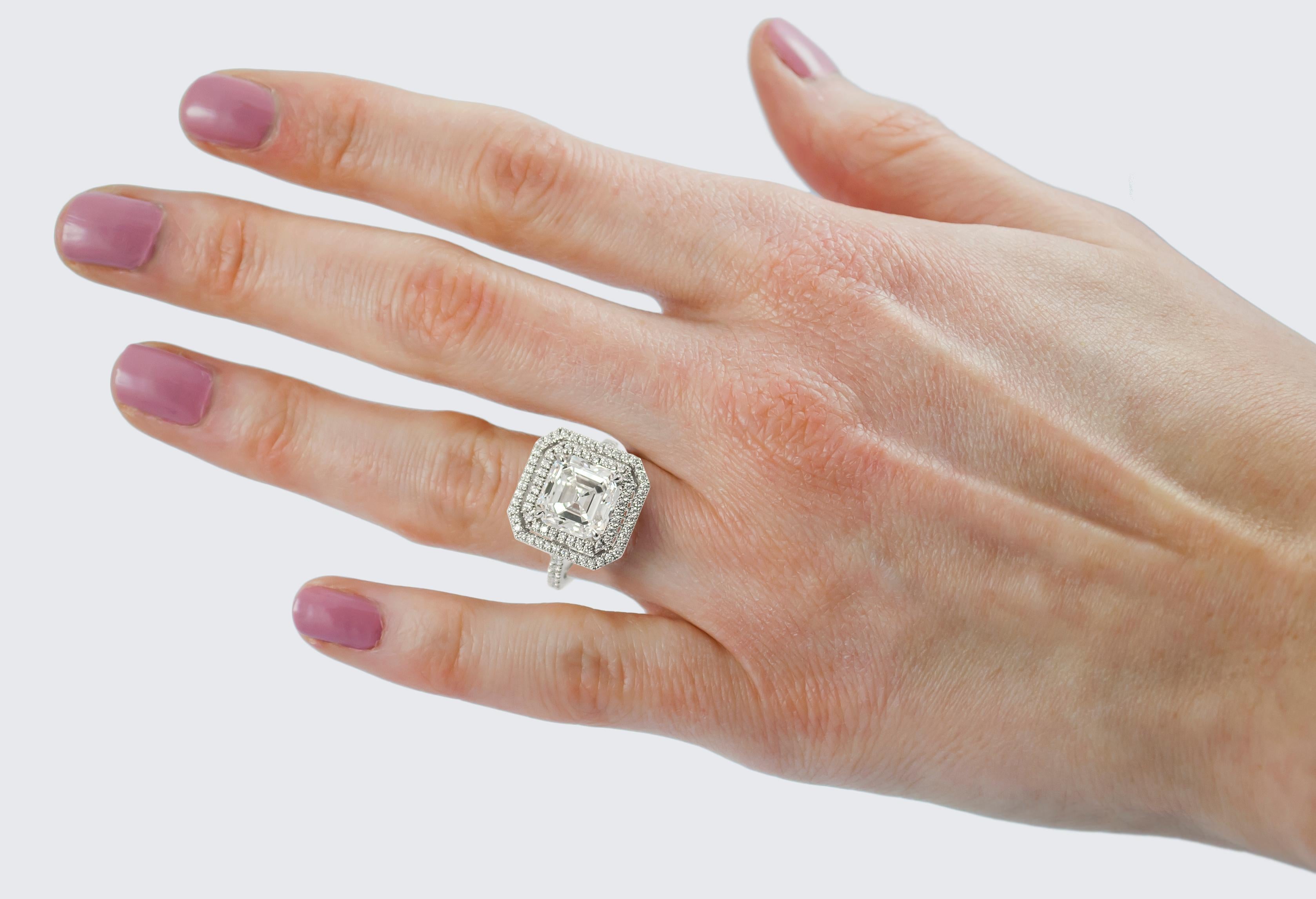 Women's or Men's J. Birnbach F VVS1 4.09 carat Asscher cut Engagement Ring with Double Halo For Sale