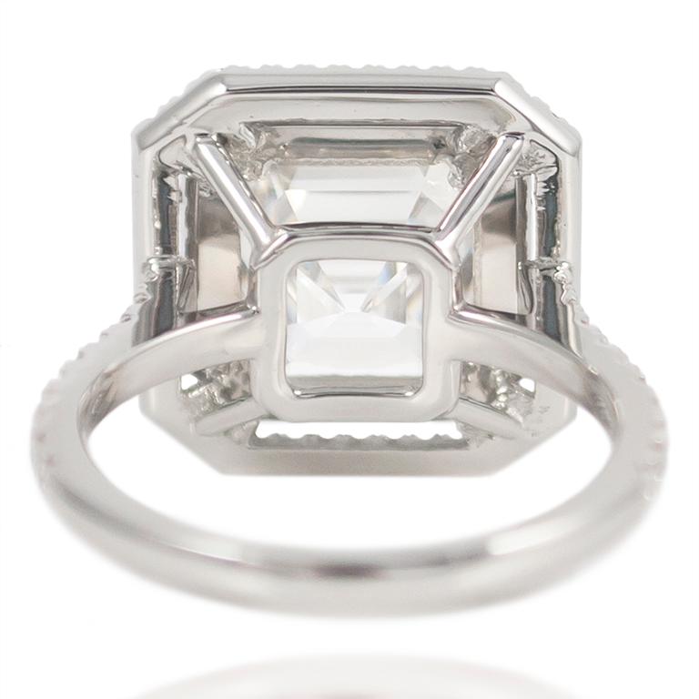 J. Birnbach F VVS1 4.09 carat Asscher cut Engagement Ring with Double Halo In New Condition For Sale In New York, NY