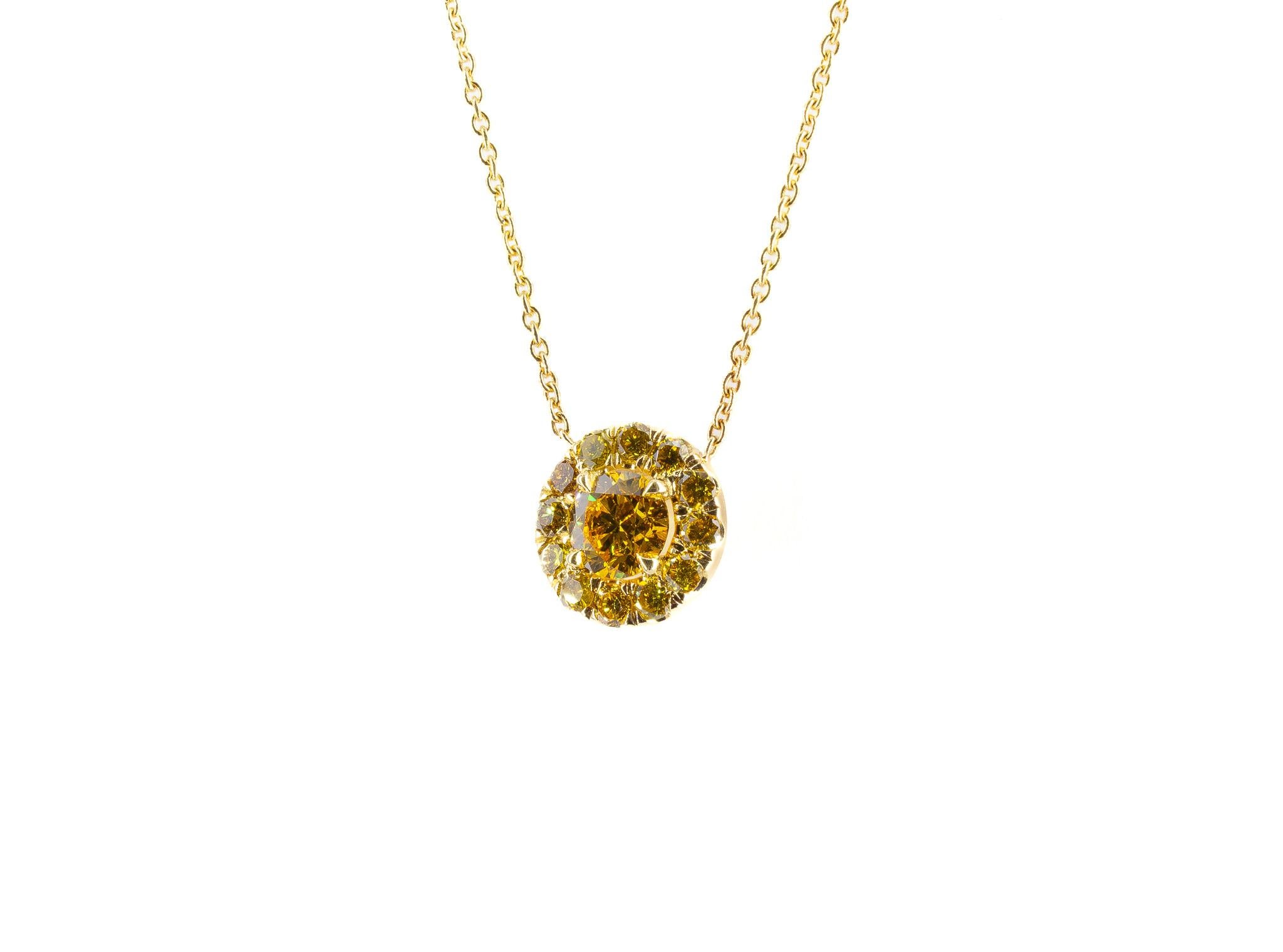 Round Cut J. Birnbach GIA Certified Fancy Orange-Yellow Halo Diamond Pendant Necklace For Sale