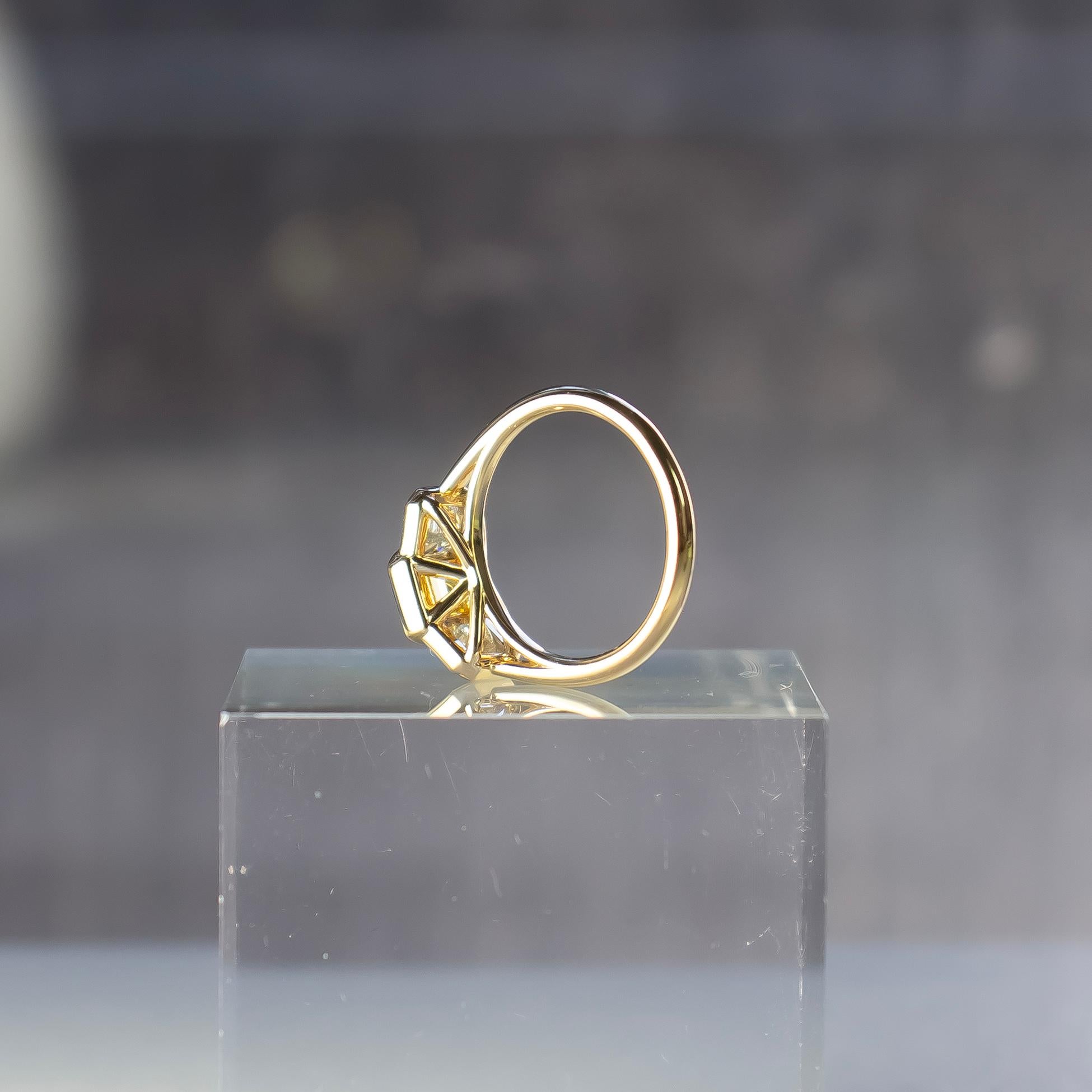 Square Cut J. Birnbach GIA Certified Three-Stone White & Fancy Intense Yellow Diamond Ring For Sale