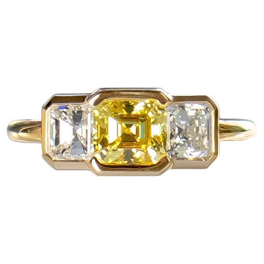 J. Birnbach GIA Certified Three-Stone White & Fancy Intense Yellow Diamond Ring For Sale
