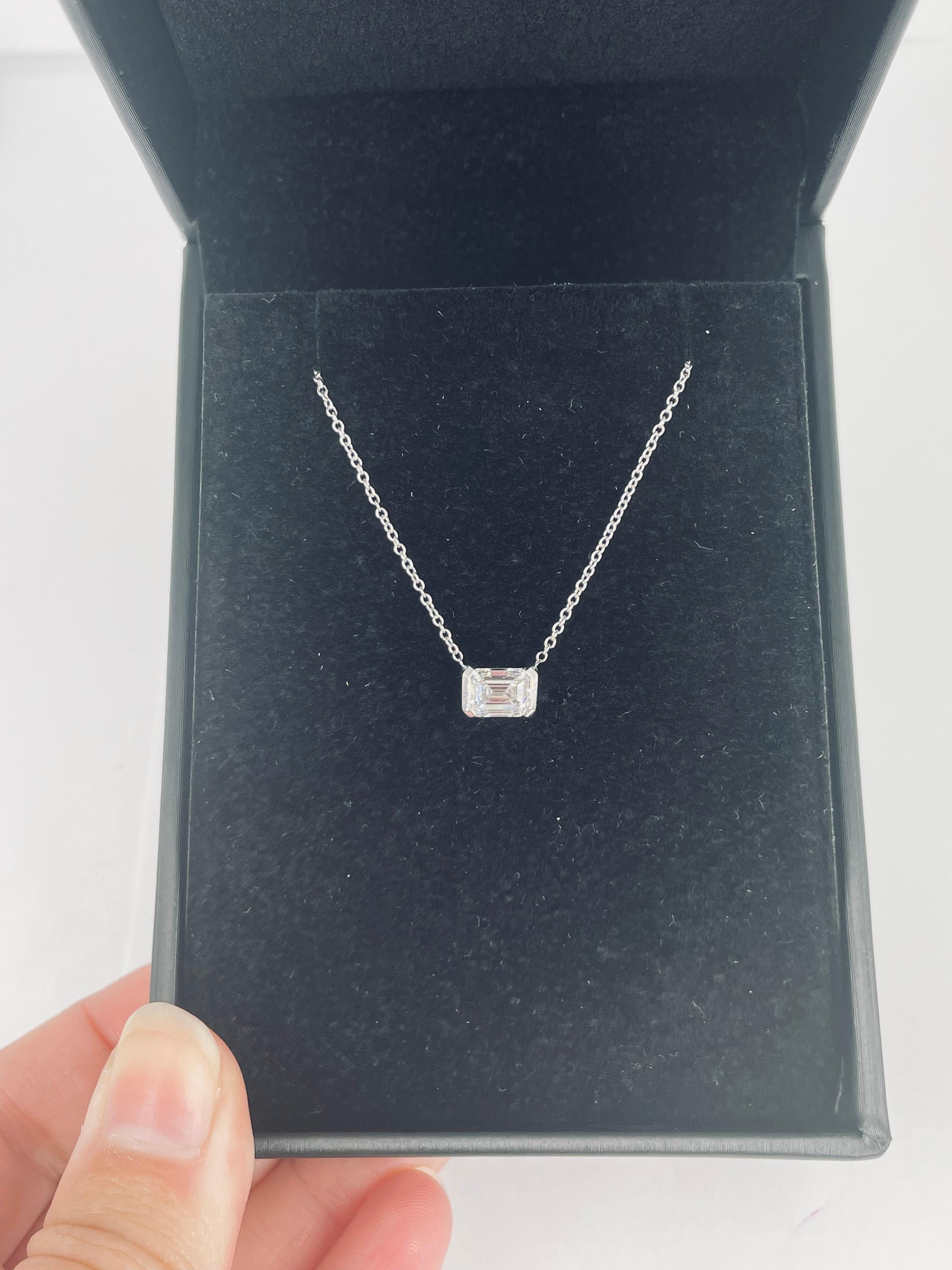 J. Birnbach GIA DSI2 1.01 carat Emerald Cut East West Pendant in 18K White Gold In New Condition For Sale In New York, NY