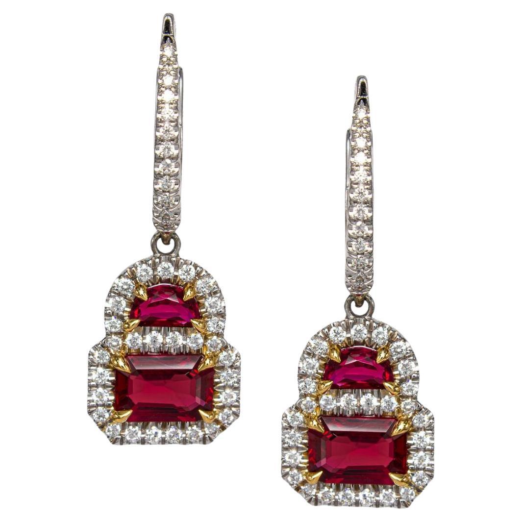 J. Birnbach Half Moon 
Emerald Cut Mozambique Ruby Two-Tone Drop Earrings For Sale