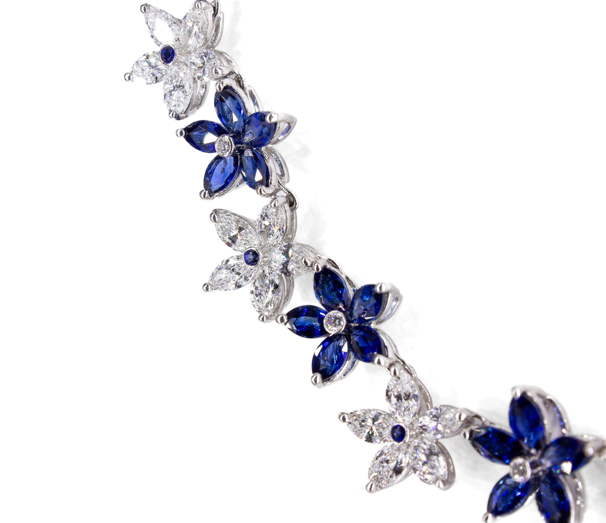 Taglio marquise J. Birnbach Collana con motivo floreale in zaffiri e diamanti marquise in vendita