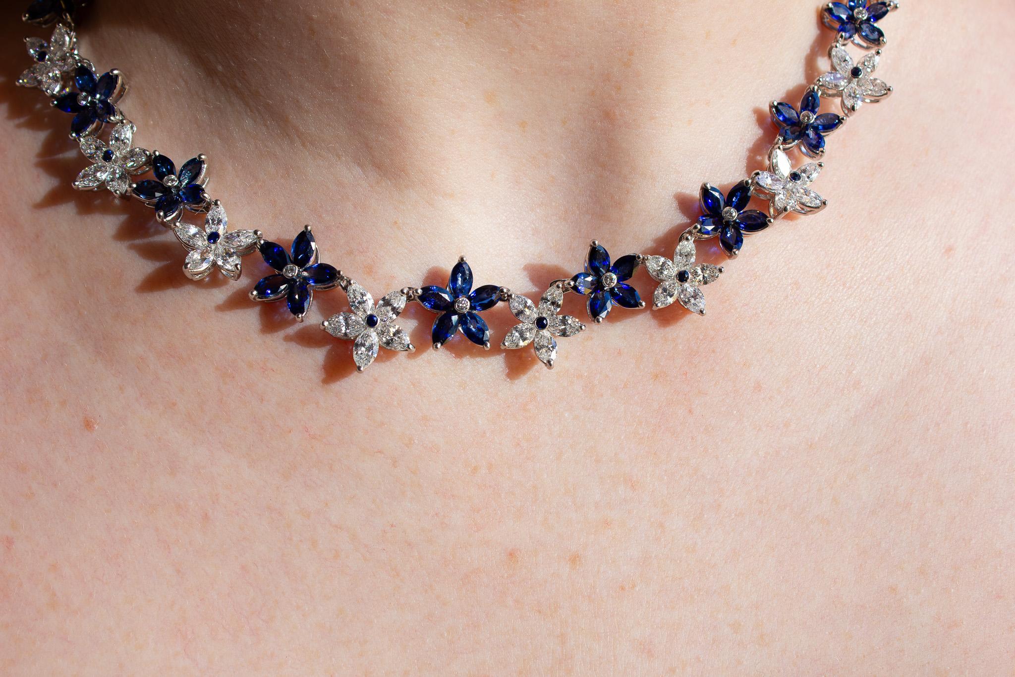 da uomo o donna J. Birnbach Collana con motivo floreale in zaffiri e diamanti marquise in vendita