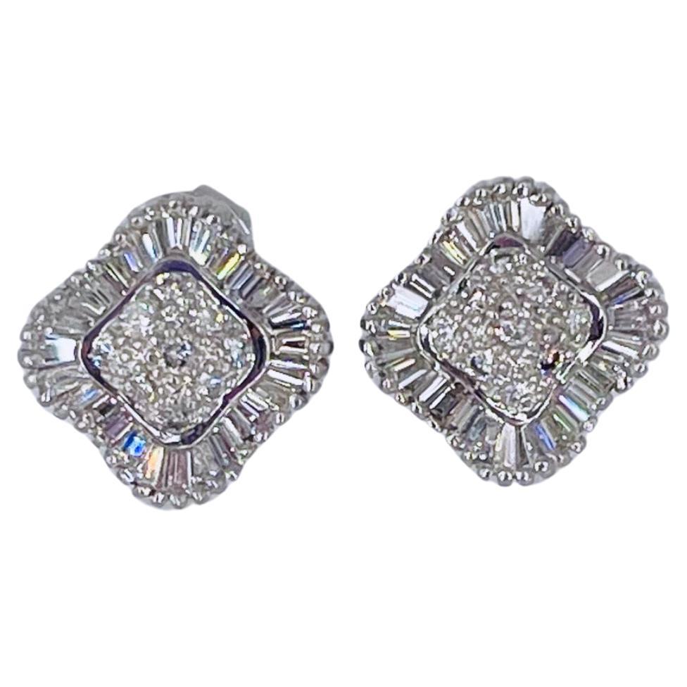 J. Birnbach Pave and Baguette Clover Shape Earrings in White Gold