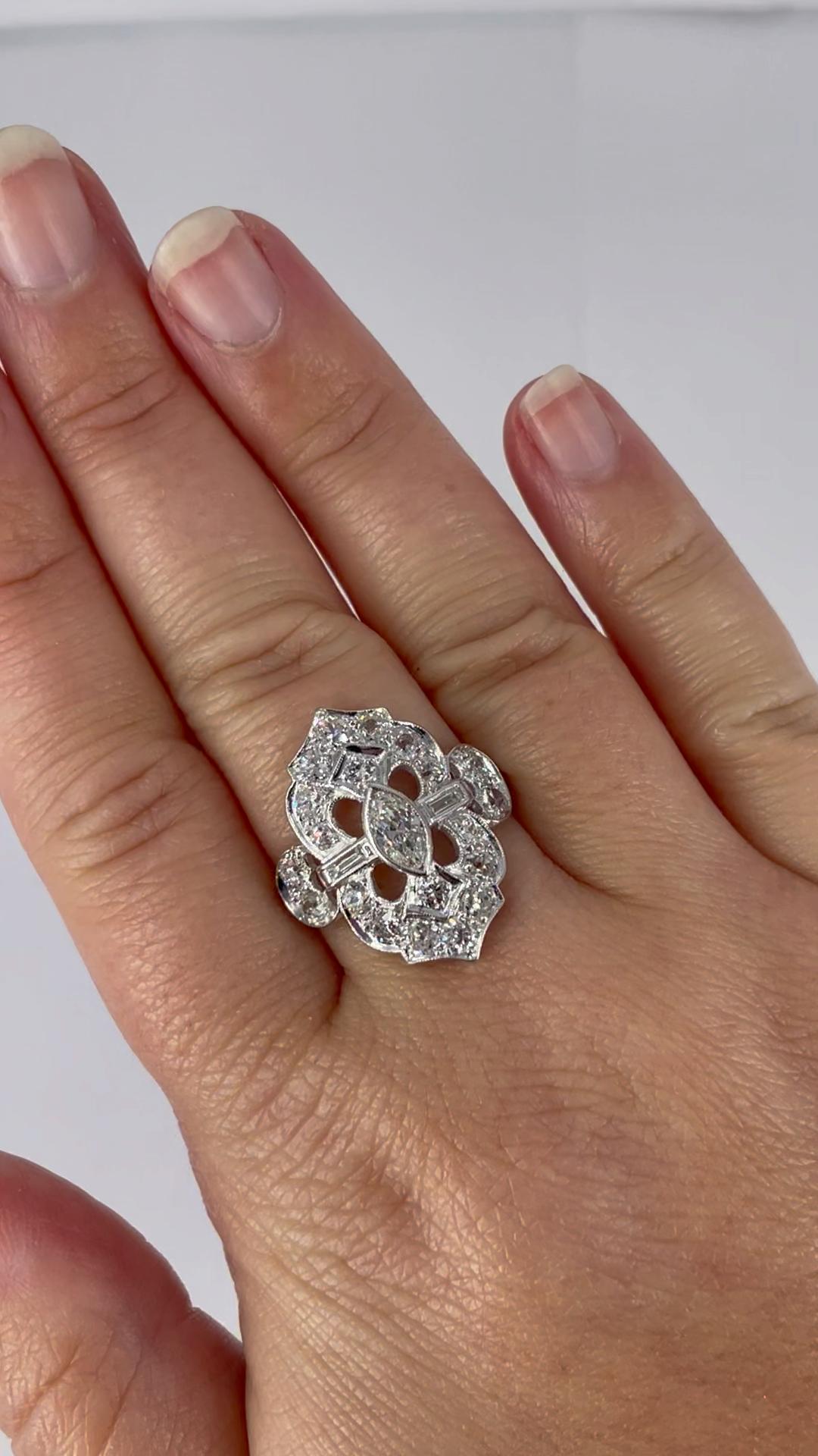 J. Birnbach Platinum Art Deco Diamond Ring with Marquise Center Diamond In Excellent Condition For Sale In New York, NY