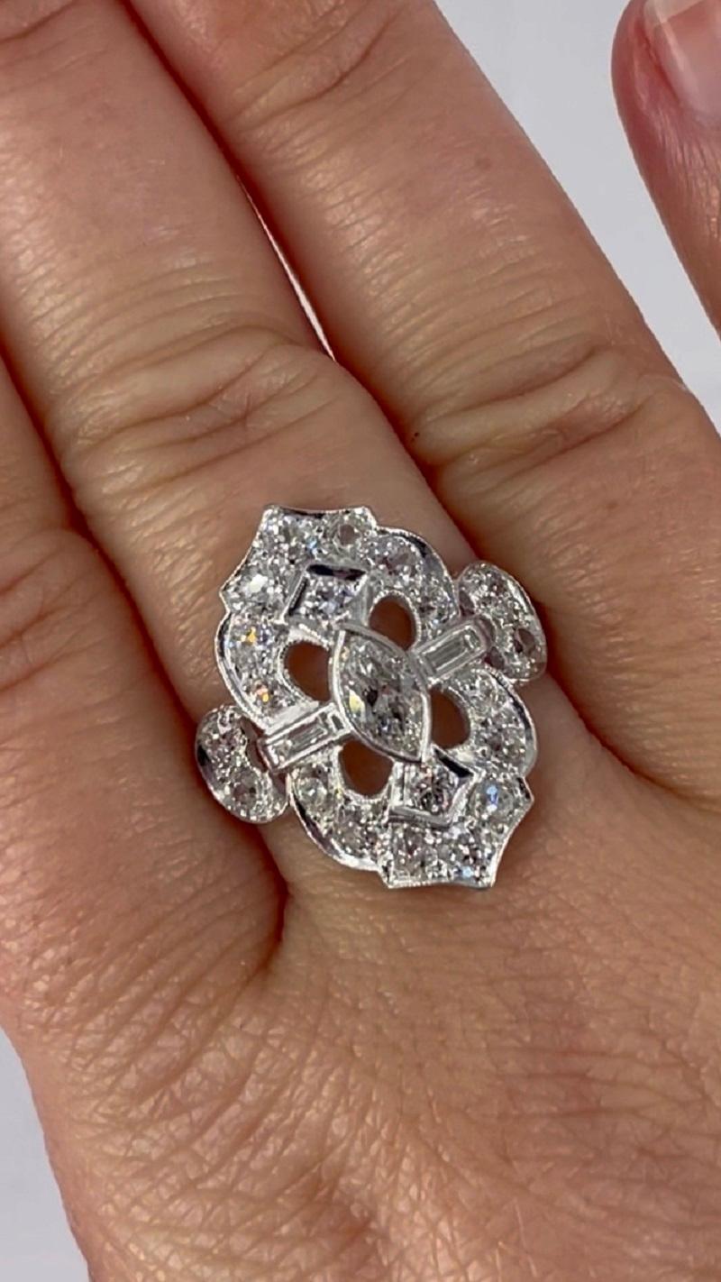 Women's J. Birnbach Platinum Art Deco Diamond Ring with Marquise Center Diamond For Sale