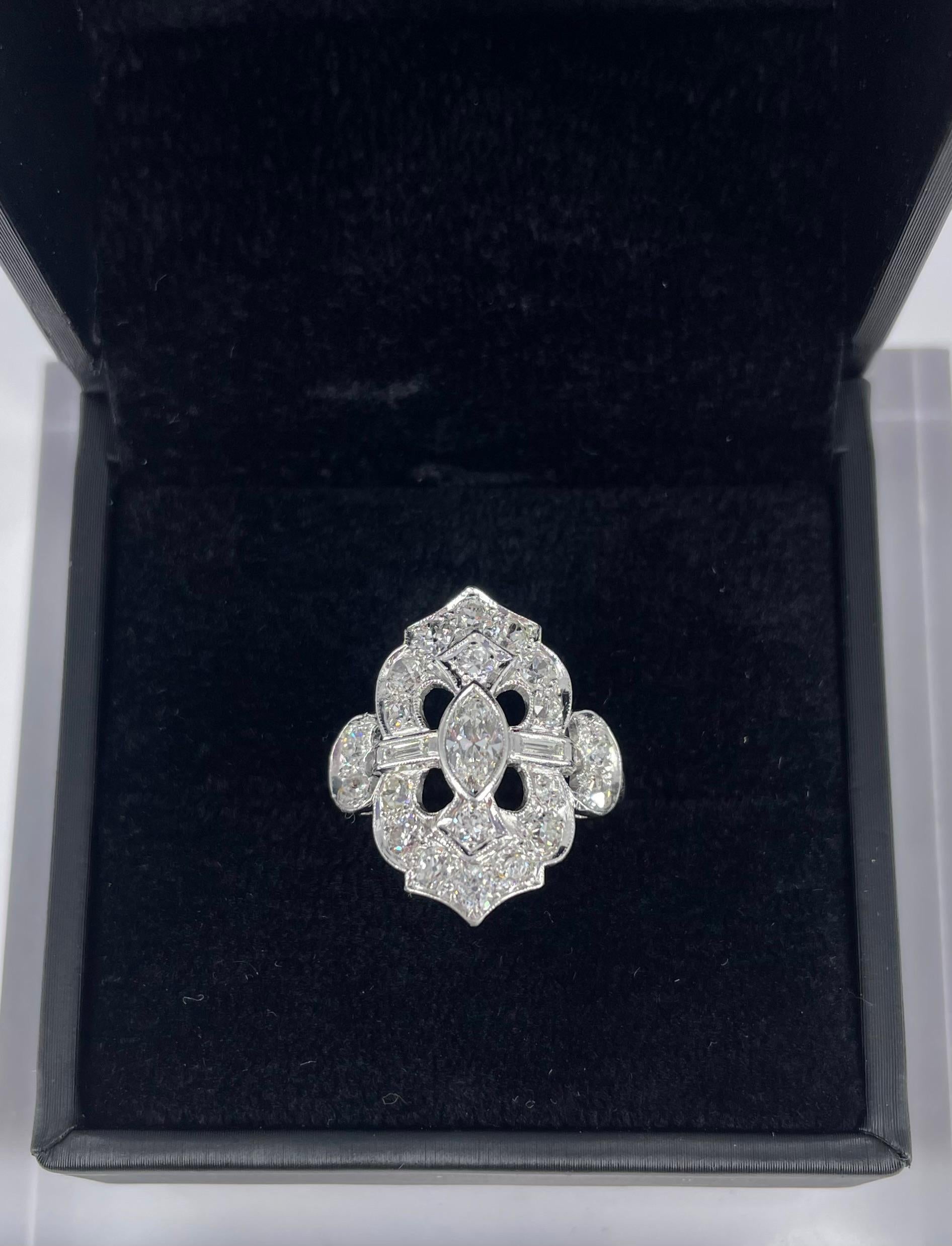 J. Birnbach Platinum Art Deco Diamond Ring with Marquise Center Diamond For Sale 1