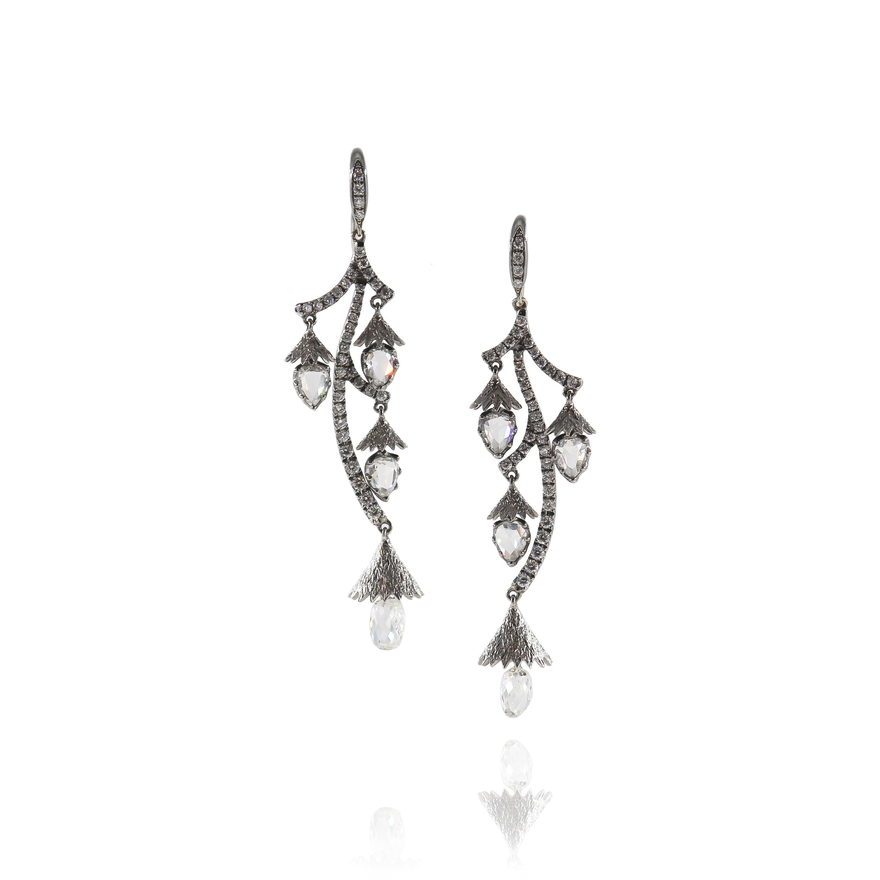 This exquisite pair of drop earrings new from the J. Birnbach workshop won't be around for long... Featuring assorted pavé = 1.88 carat total weight, six, rose-cut pear shape diamonds and a scintillating, matched pair of briolettes = approximately 5
