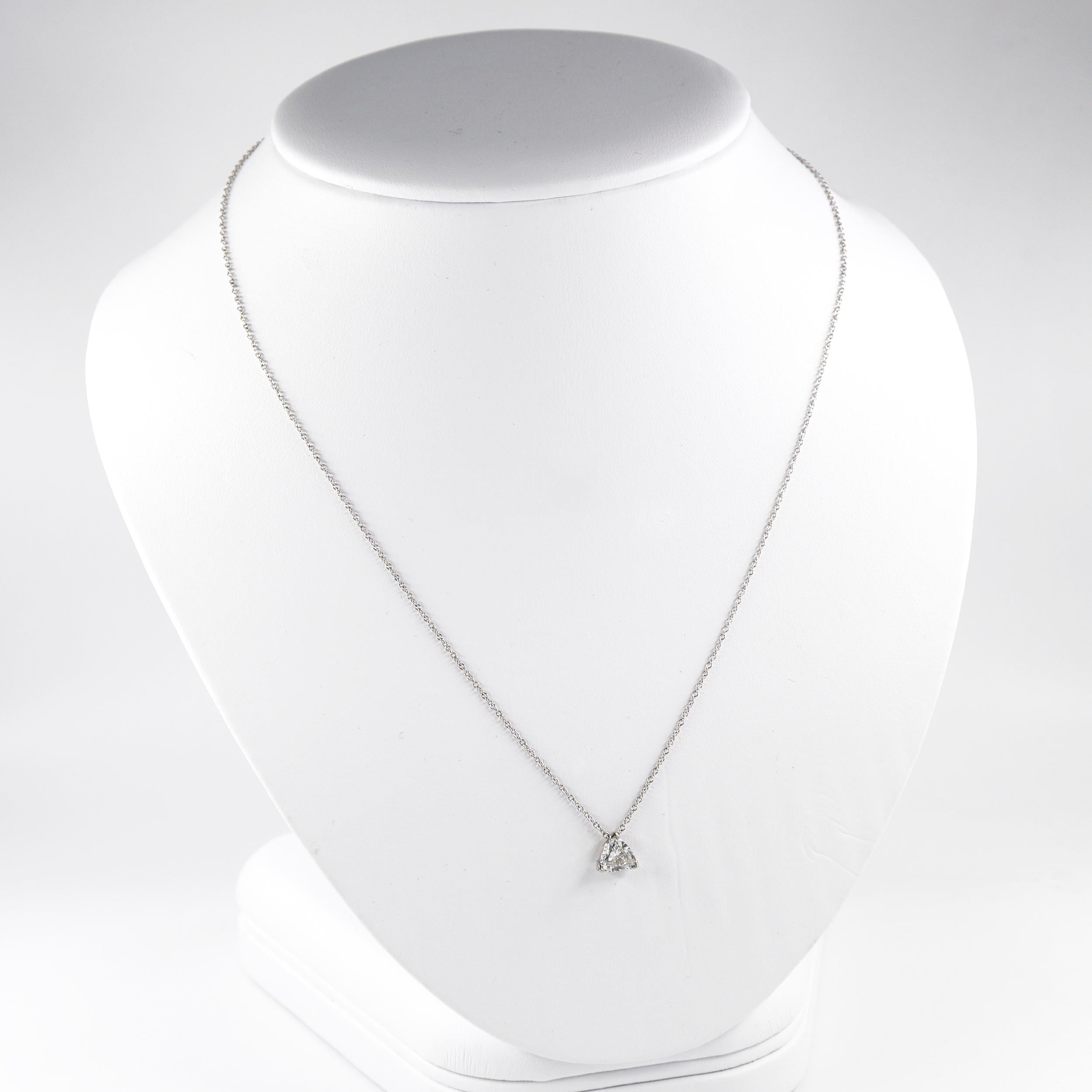 This J. Birnbach 14K White Gold Necklace features a 0.90 carat trillion cut diamond with H-I color and SI clarity. 

This necklace is stamped '14K' and is 18 in length. 

Type: Diamond Necklace
Creator: J. Birnbach
Stones: Diamond
Cut: