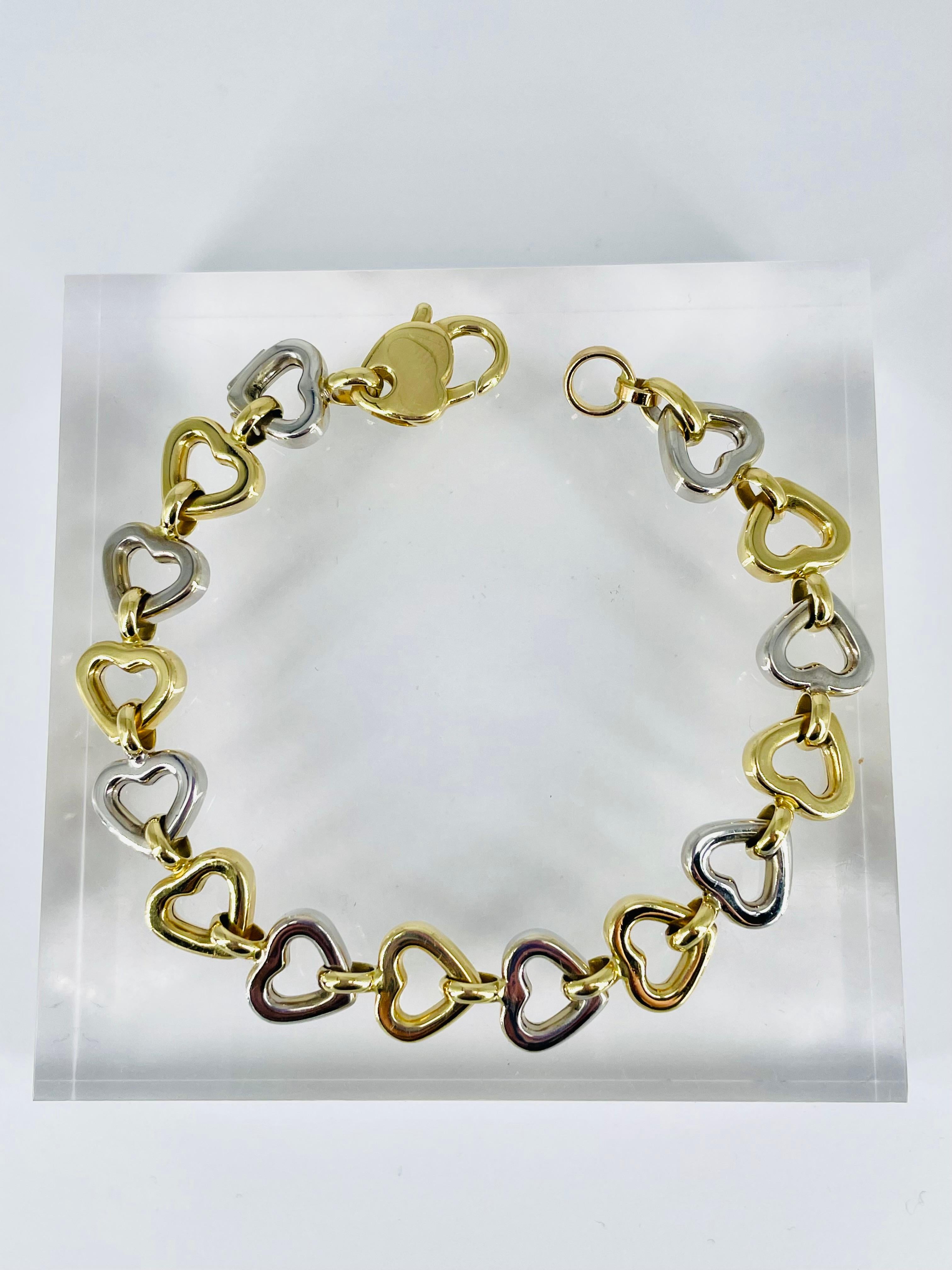 Women's J. Birnbach Yellow and White 14K Gold Open Heart Link Bracelet For Sale