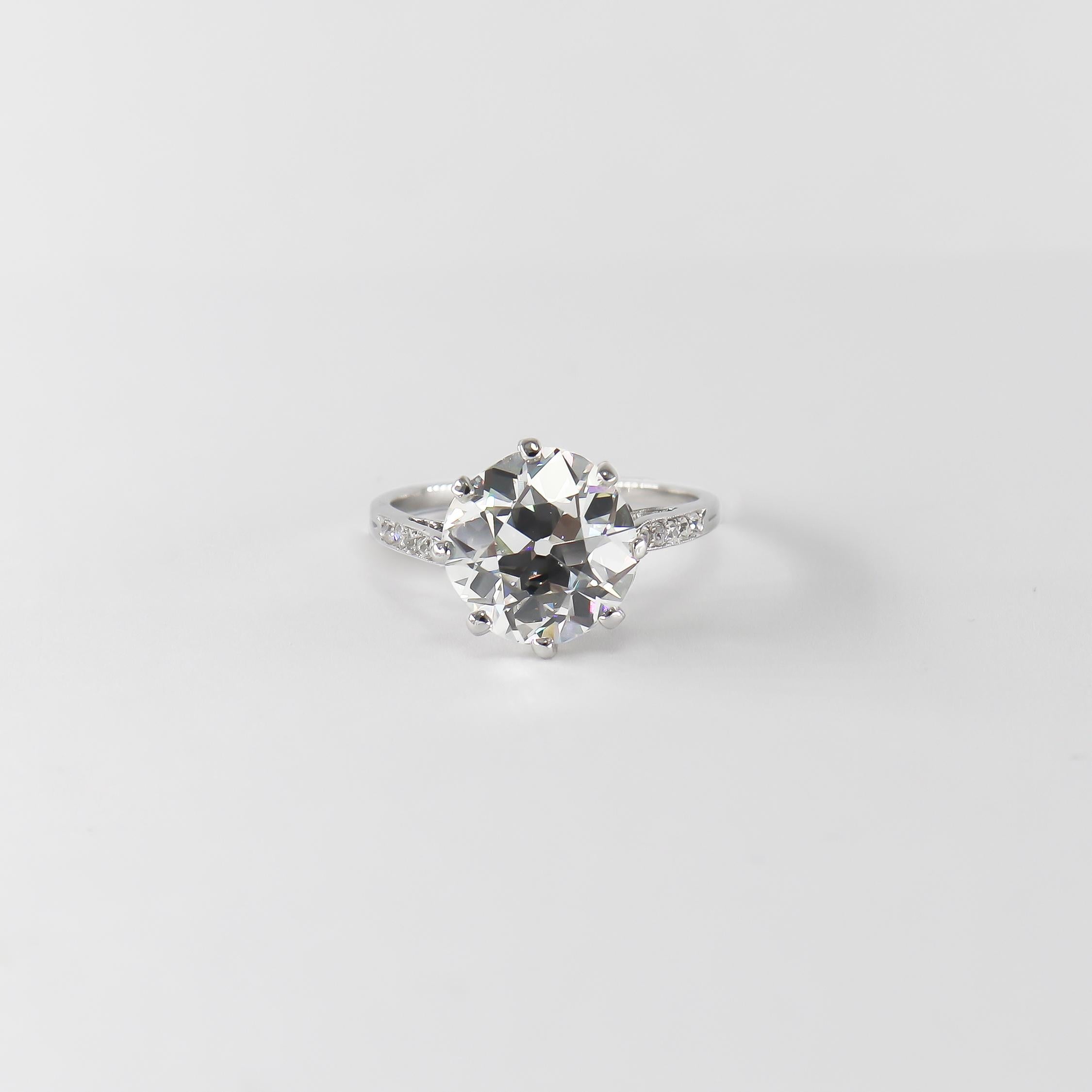 This incredible new acquisition from the house of J. Birnbach features a 4.55 carat Old Mine cut diamond of I color and VS1 clarity as described by GIA grading report #6227275455. Set in a vintage, platinum ring mounting with bright-cut pavé, this