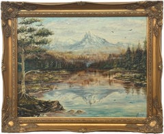Mountain Lake Forest Landscape Scene - Vintage 20th Century Oil Painting