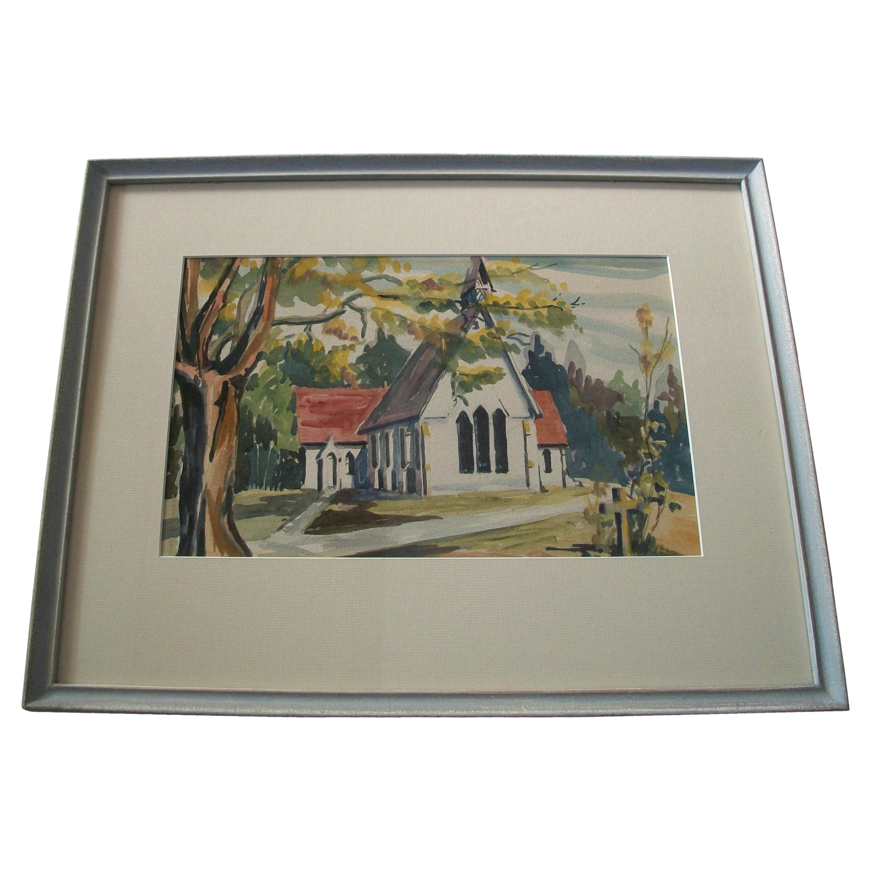 J. BISHOP (Artiste inconnu/non identifié) - 'Sans titre' - Aquarelle vintage sur papier représentant une église et un paysage - contenue dans un cadre vintage peint en gris avec un panneau mat et un verre - London, Ontario étiquette de l'encadreur