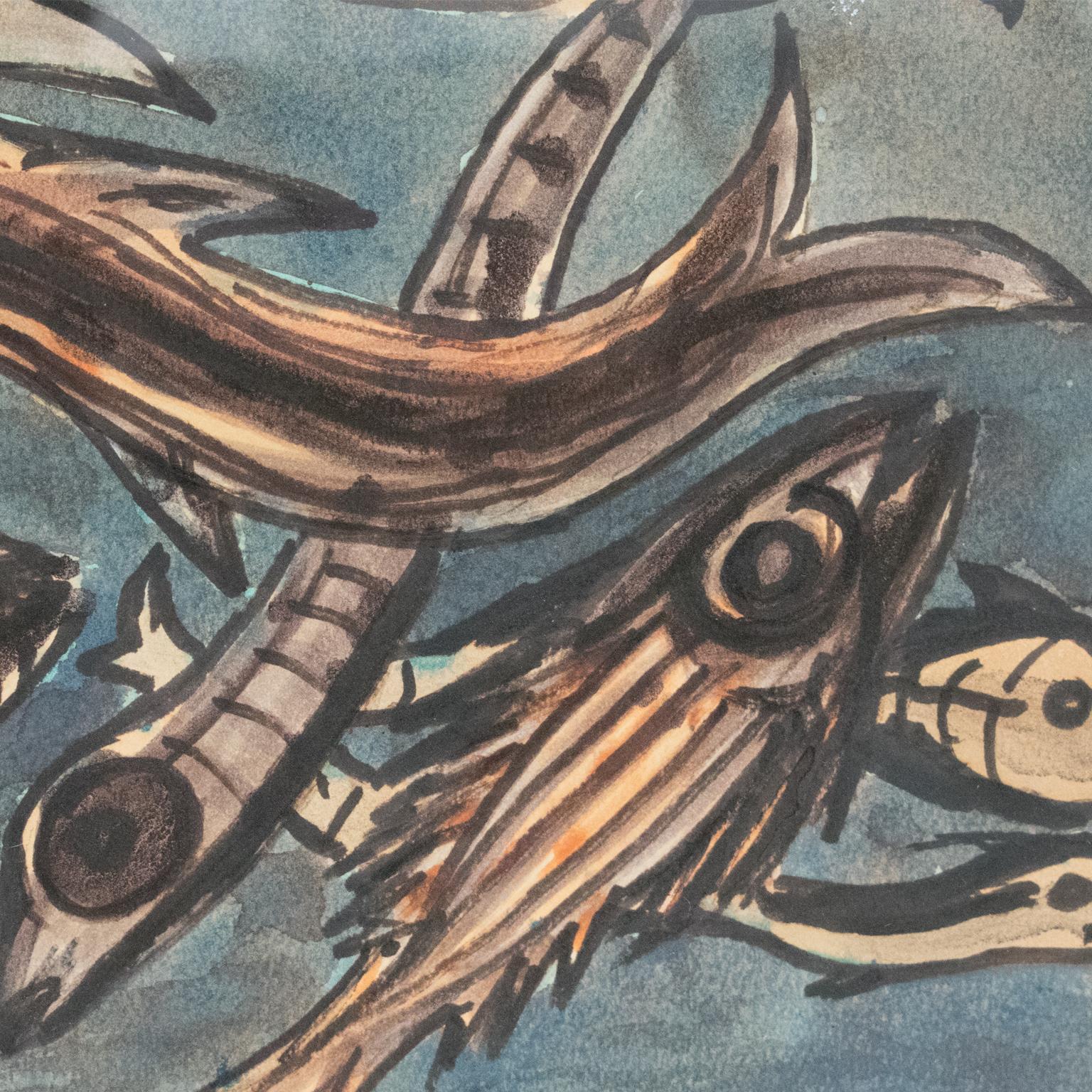 Mid-Century-Modern Still-Leben Exotische Fische Gouache-Gemälde von J. Blot im Angebot 4