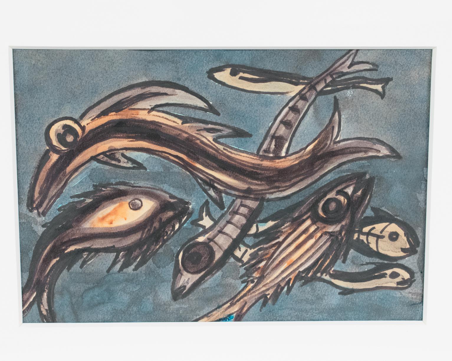 Mid-Century-Modern Still-Leben Exotische Fische Gouache-Gemälde von J. Blot im Angebot 5