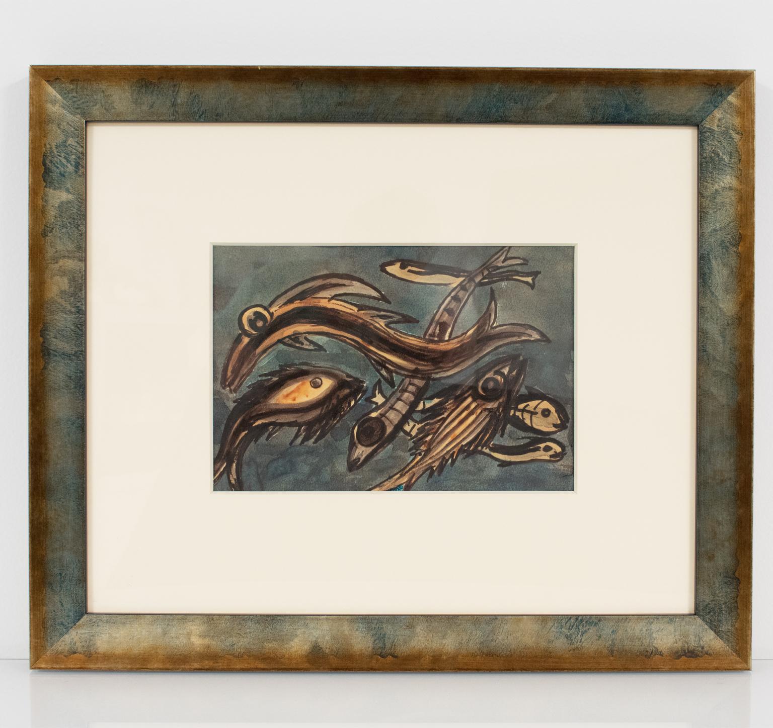Mid-Century-Modern Still-Leben Exotische Fische Gouache-Gemälde von J. Blot im Angebot 7