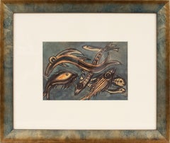 Nature morte aux poissons exotiques, peinture à la gouache du milieu du siècle dernier par J. Blot