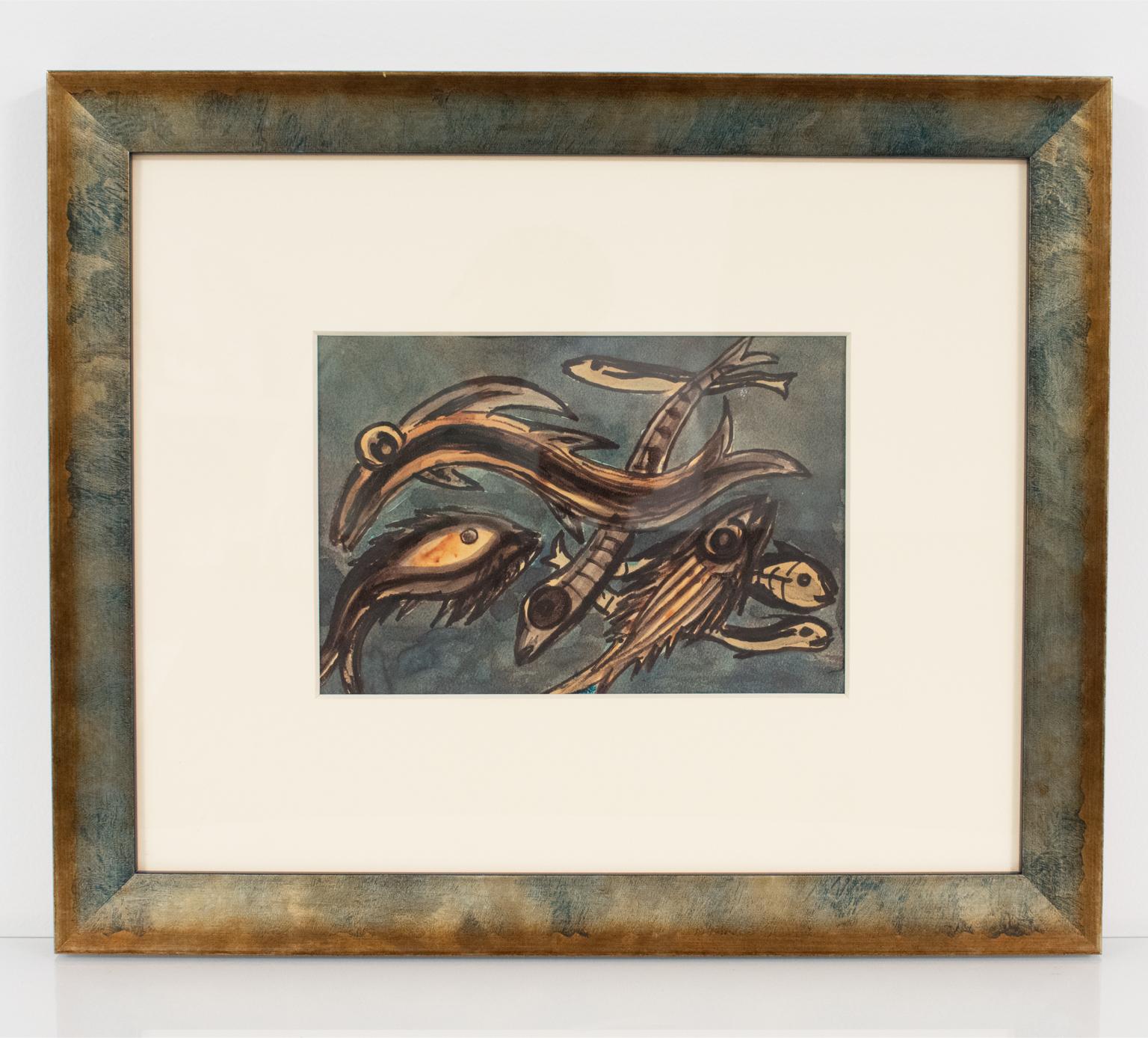 Nature morte moderne du milieu du siècle - Peinture à la gouache de poissons par J. Blot en vente 3