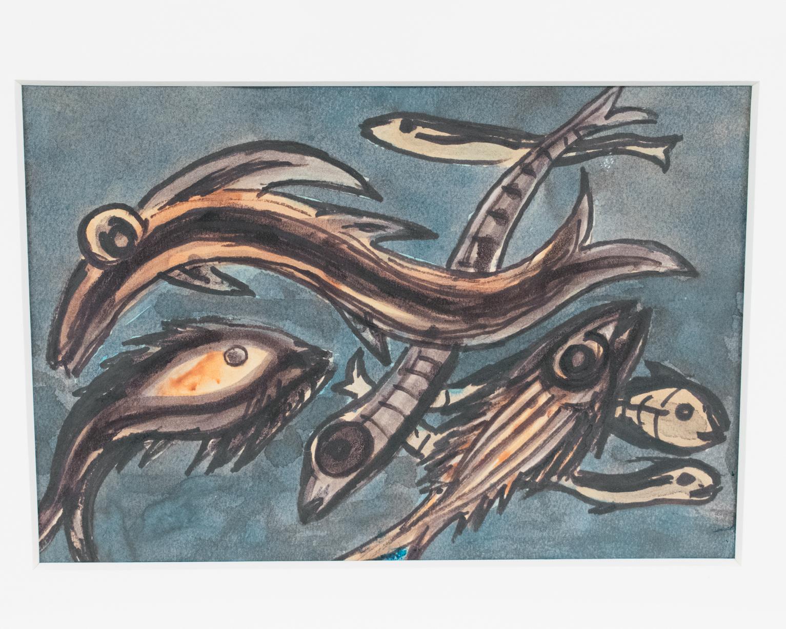 Nature morte moderne du milieu du siècle - Peinture à la gouache de poissons par J. Blot en vente 5