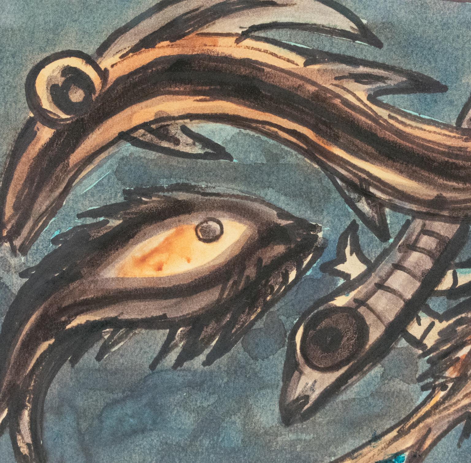 Nature morte moderne du milieu du siècle - Peinture à la gouache de poissons par J. Blot en vente 6
