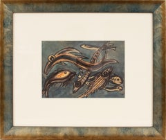 Mid-Century-Modern Still-Life Fish Gouache Painting by J. Blot