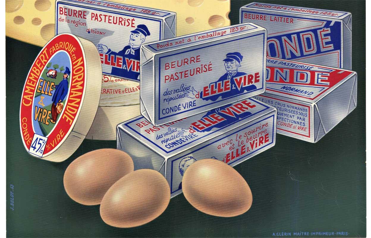 Póster vintage original de Elle & Vire Queso y mantequilla franceses - Print realista estadounidense de J. Bolot