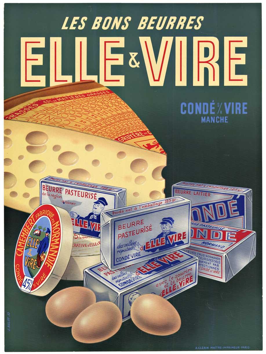 Still-Life Print J. Bolot - Affiche vintage originale ELLE & Vire sur le fromage et le beurre français