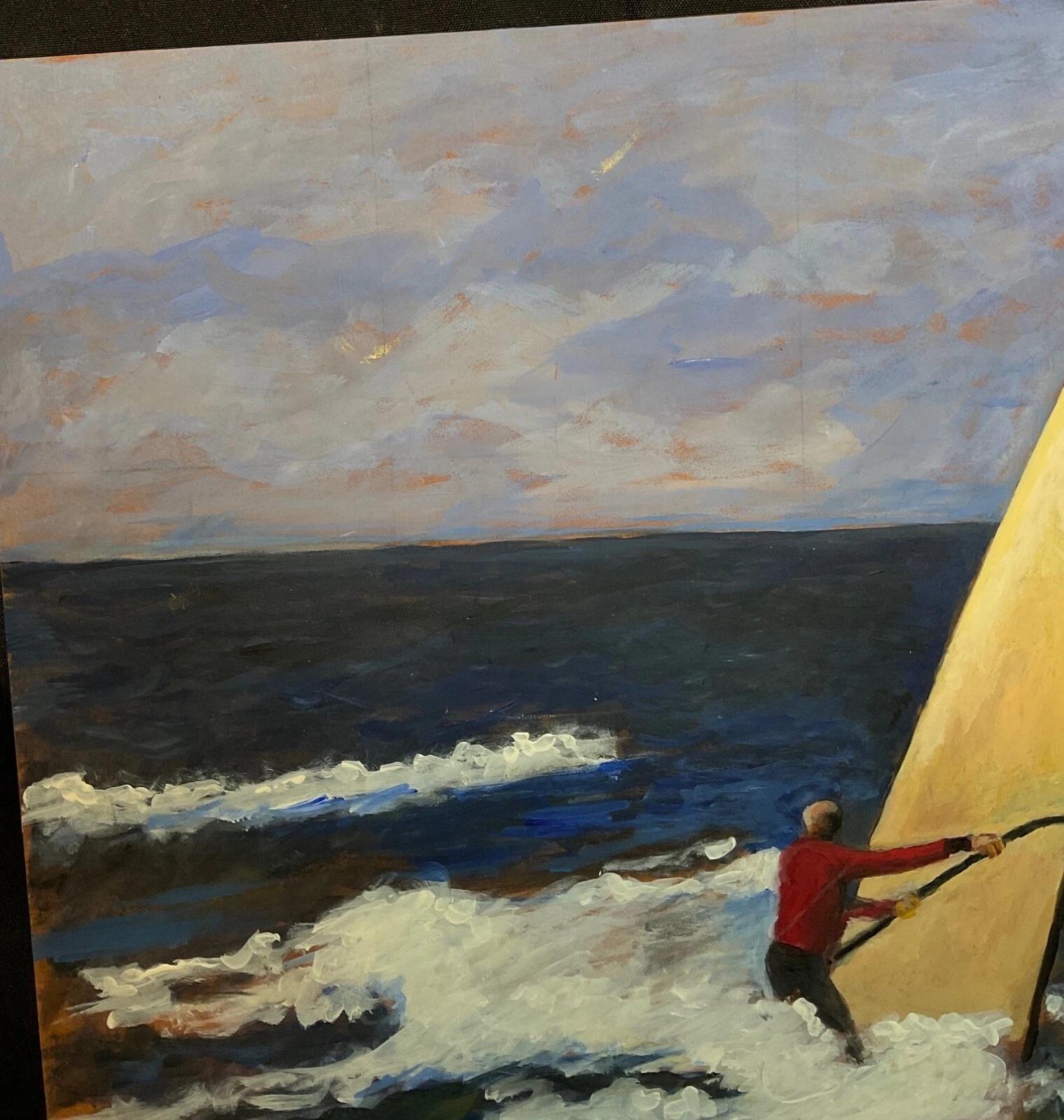 This is a beautiful vintage acrylic landscape painting on a wood panel by the Mâcon-based artist J.Boving. The painting depicts a dynamic maritime scene, capturing a windsurfer on a rough sea with a dramatic sky above. The artist's style is