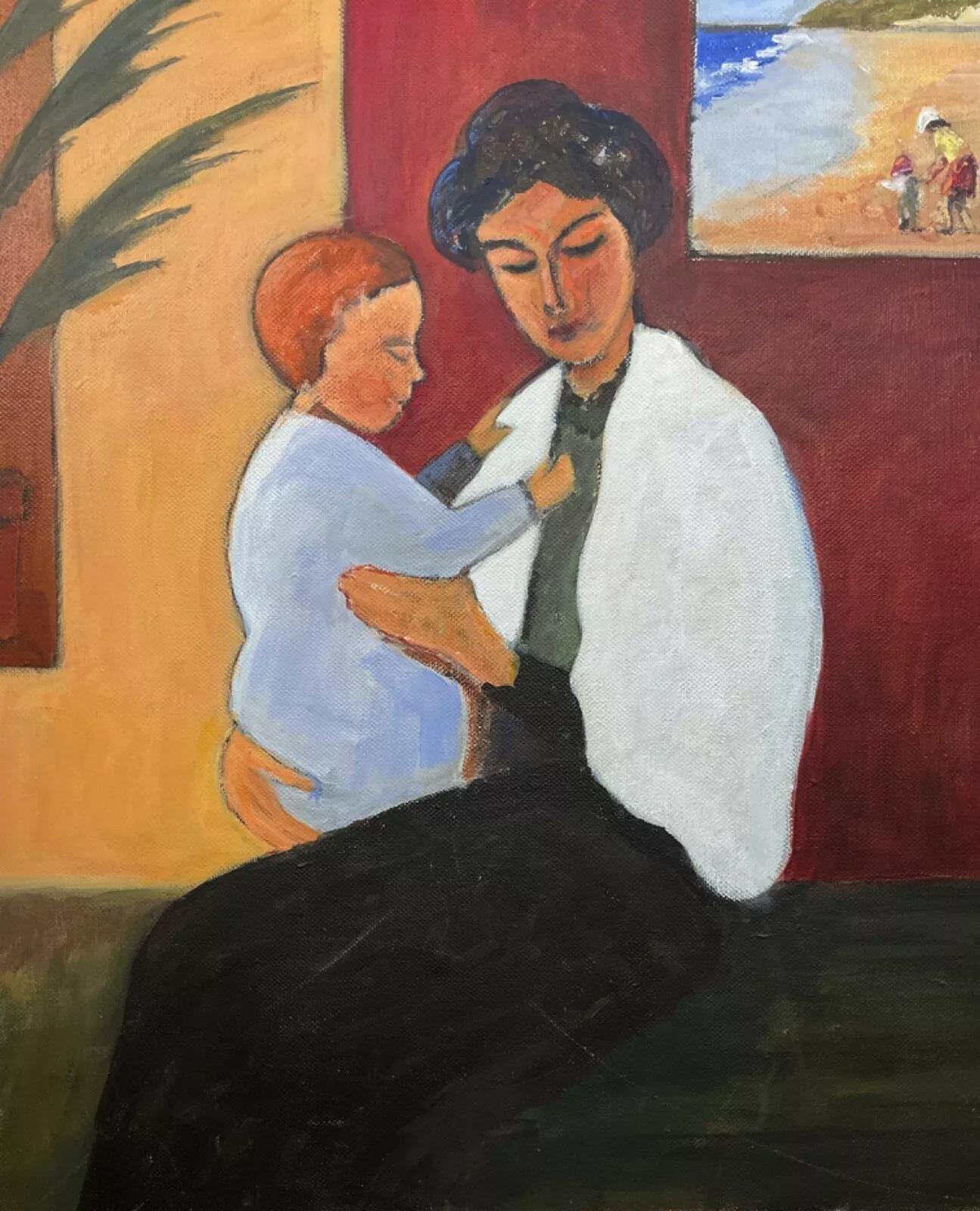 Se trata de una pintura acrílica original sobre lienzo del artista de Mâcon J.Boving. El cuadro representa a una mujer con un niño en brazos en un ambiente interior, con un pequeño paisaje visible a través de una ventana en el fondo. Esta