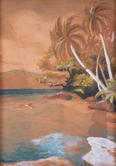 J. Boynton Gouache On Paper Double Side Painting "Palm Trees Near Beach"