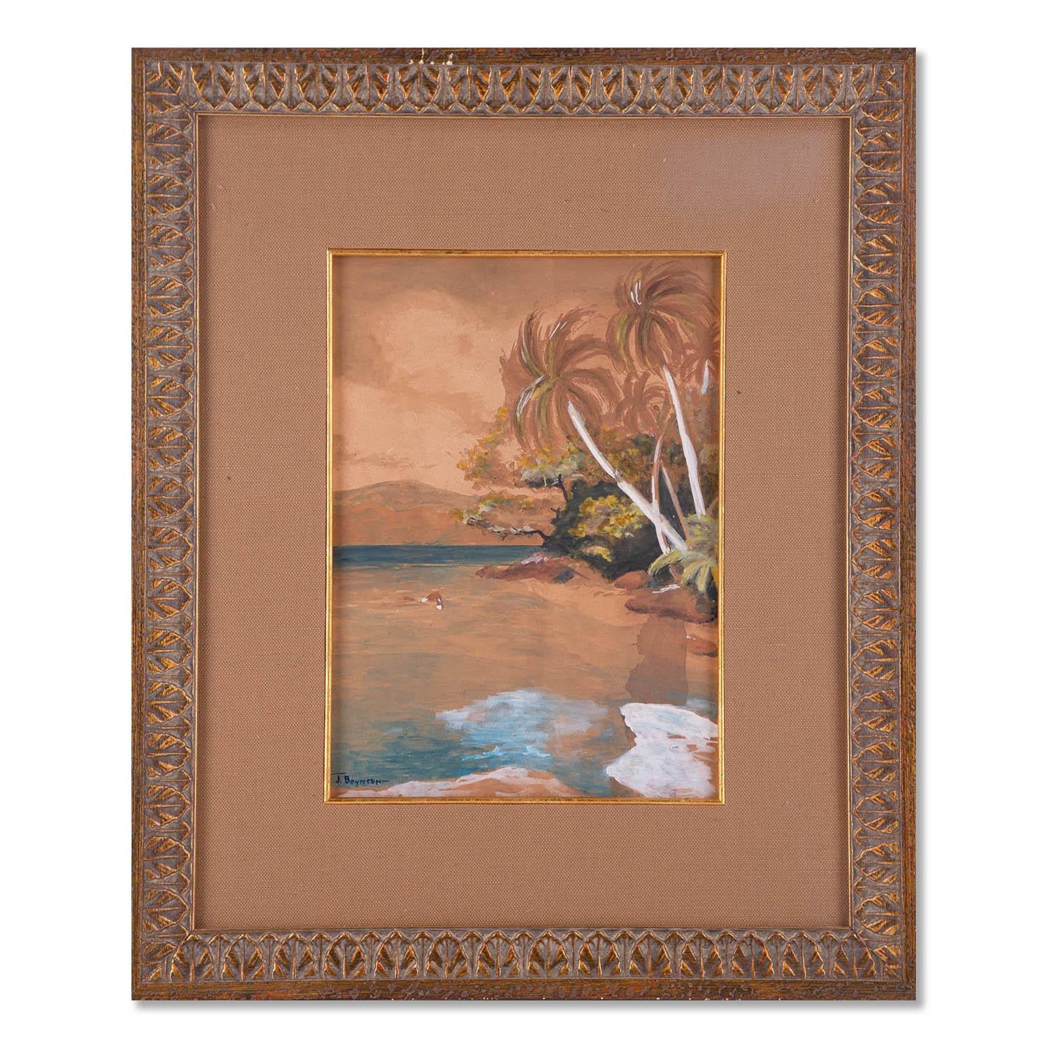 Title: Palm Trees Near Beach
 Medium: Gouache on paper
 Style: Impressionist
 Size: 11" x 8"
 Frame Size: 19" x 16" 
 Signature: J. Boynton
 Note: the double side refers to the backside painting.
 Provenance: Collection from Estate in New Jersey