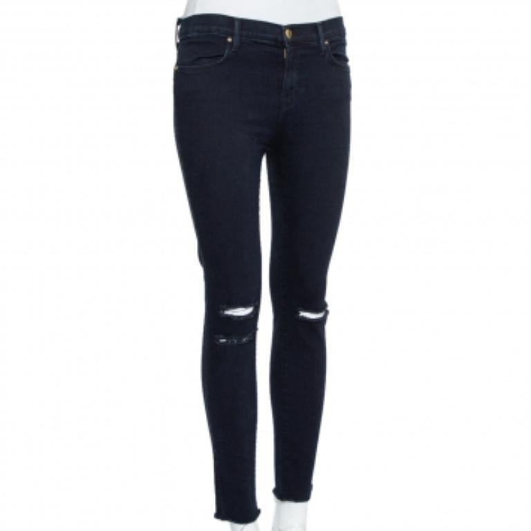 Black J Brand Navy Blue Denim Cropped Skinny Distressed Blue Mercy Jeans M For Sale