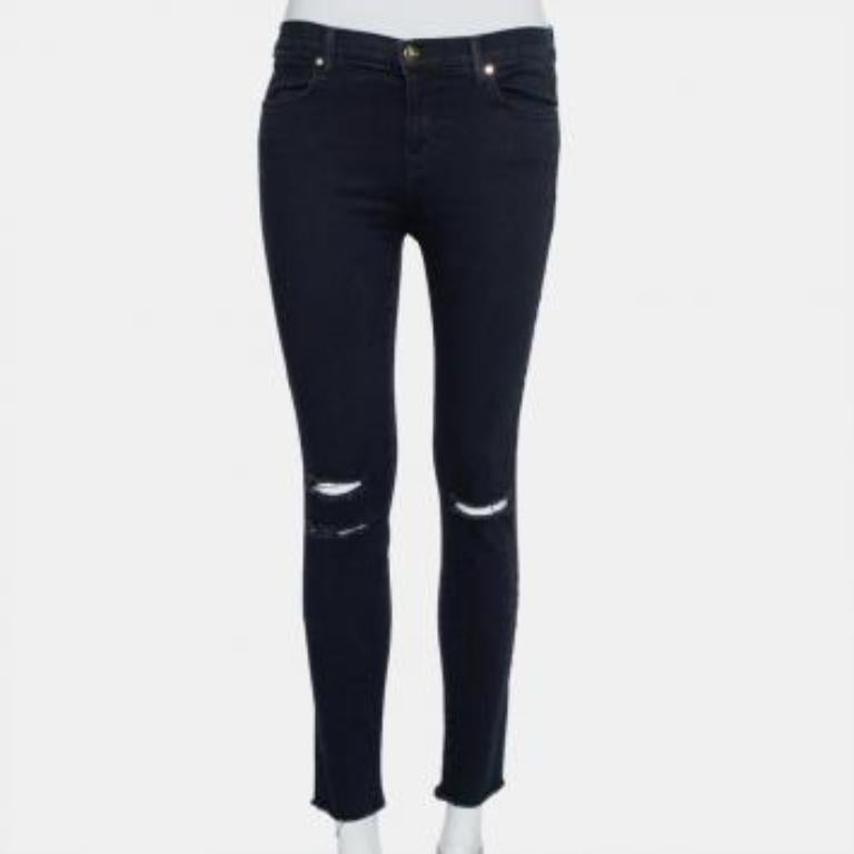 J Brand Navy Blue Denim Cropped Skinny Distressed Blue Mercy Jeans M For Sale 3