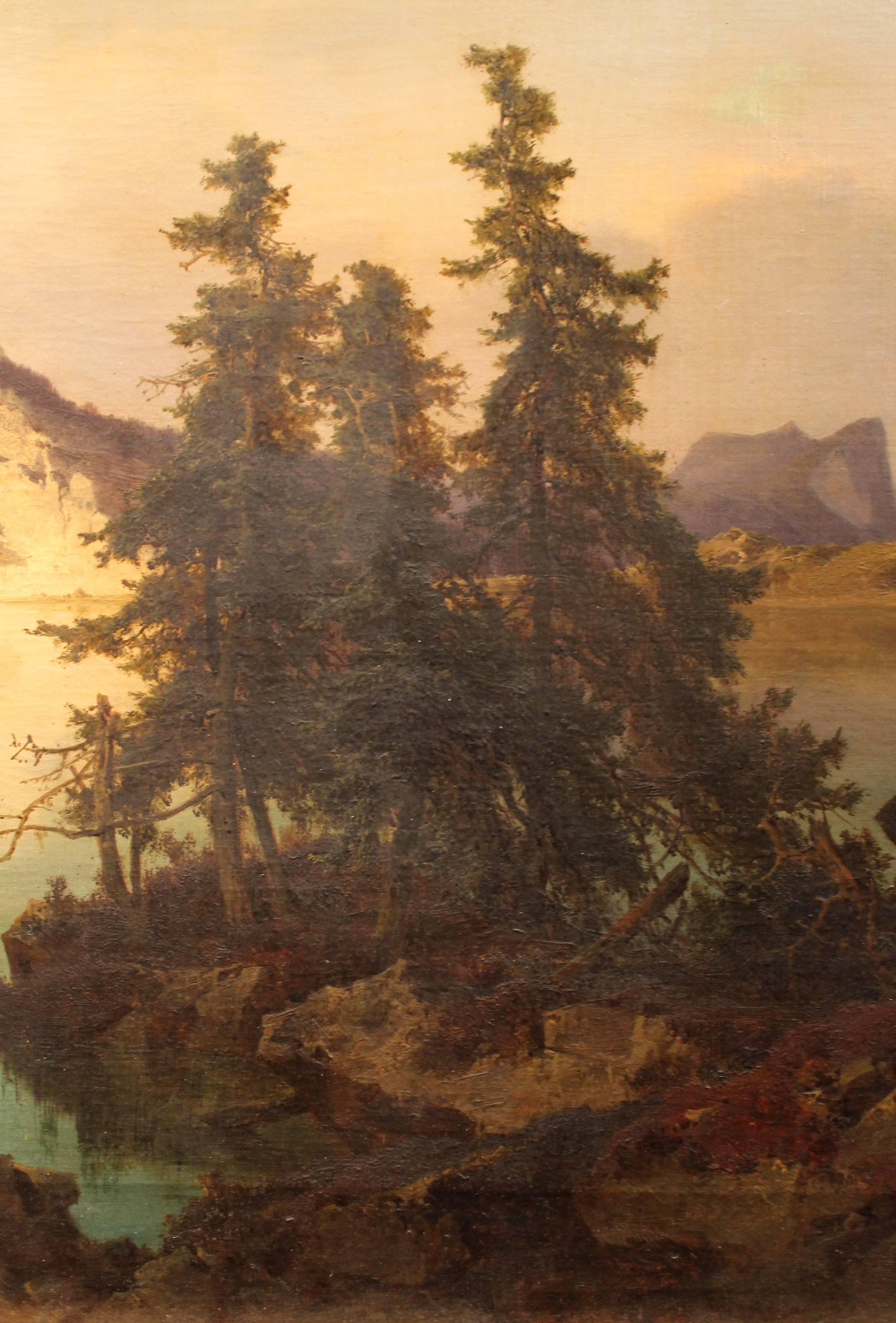 Hand-Crafted J. Brunner 1869 Oil on Canvas Austrian Landscape with Lake and Mountain Painting