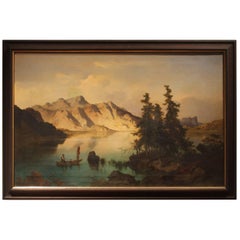 J. Brunner 1869 Oil on Canvas Austrian Landscape with Lake and Mountain Painting