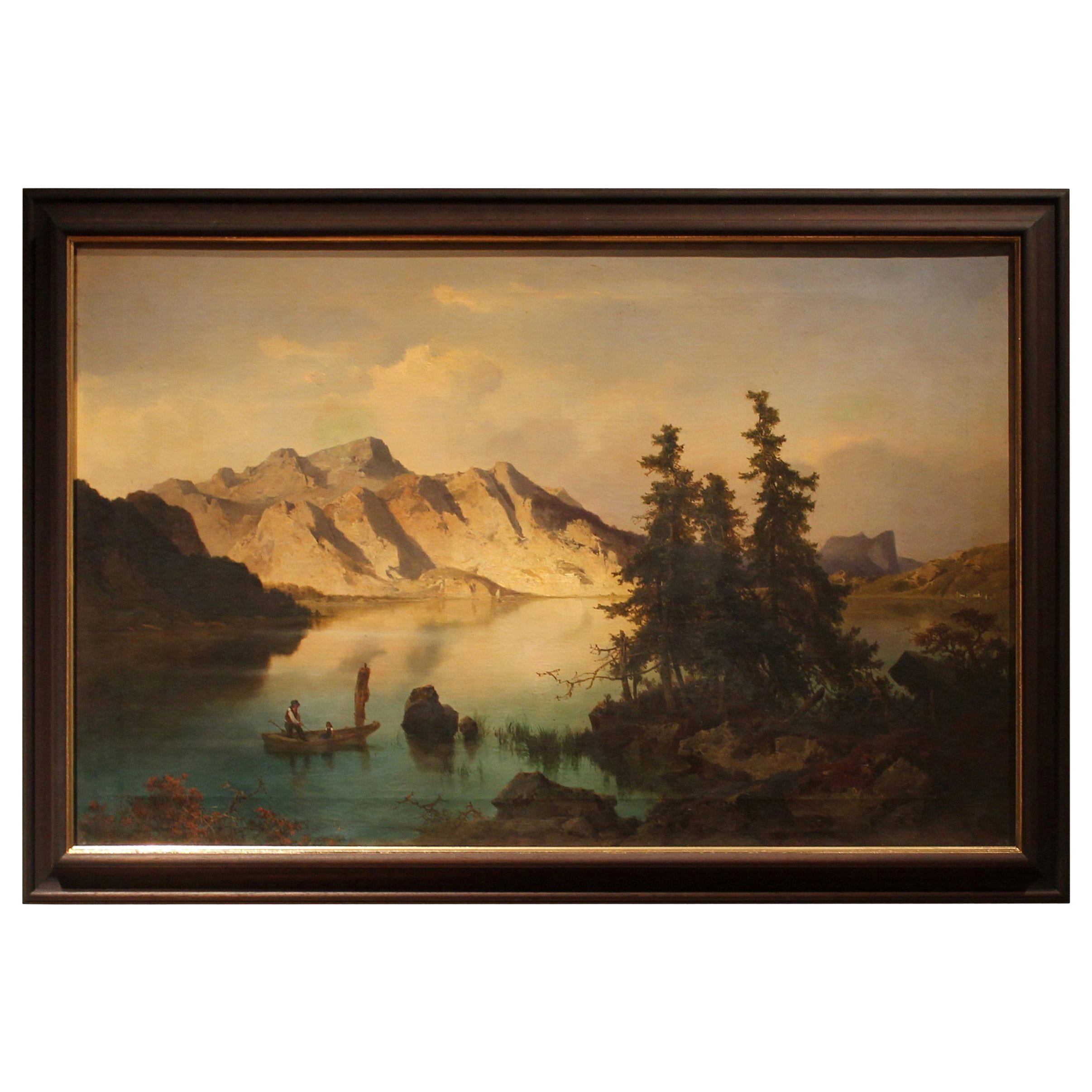 J. Brunner, 1869 Öl auf Leinwand, Österreichische Landschaft mit See und Berg, Gemälde