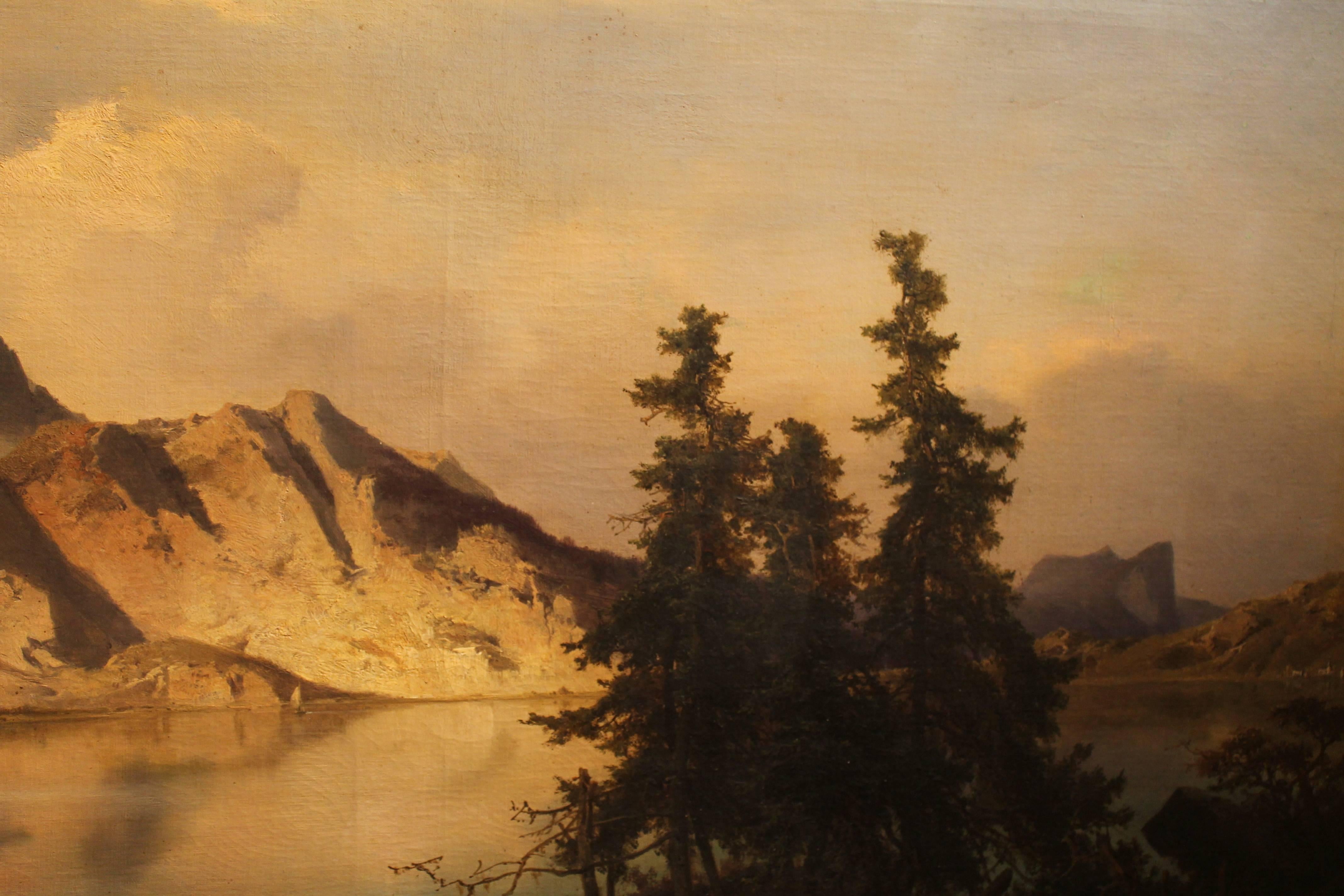 This very fine quality 19th century oil on canvas in dark brown wood frame with gold leaves details throughout is signed by Joseph Brunner (Vienna 1826-1893) and was painted in 1869. This oil painting bucolic landscape depicts the Attersee, a lake
