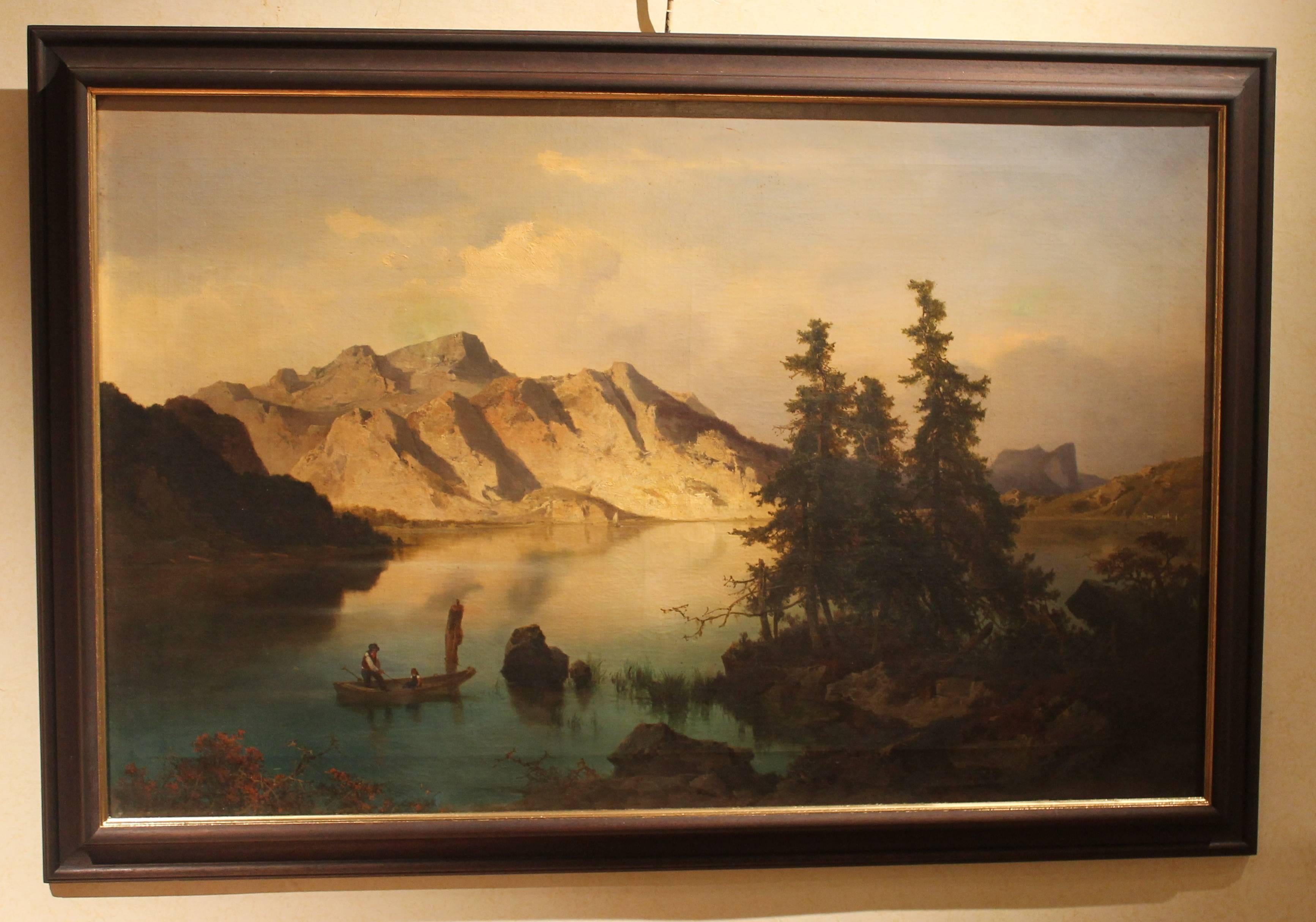 19th Century J. Brunner 1869 Oil on Canvas Austrian Landscape with Lake and Mountain Painting For Sale