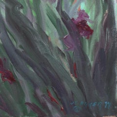 'Iris nella brezza del tramonto', olio botanico impressionista di grandi dimensioni, scuola americana