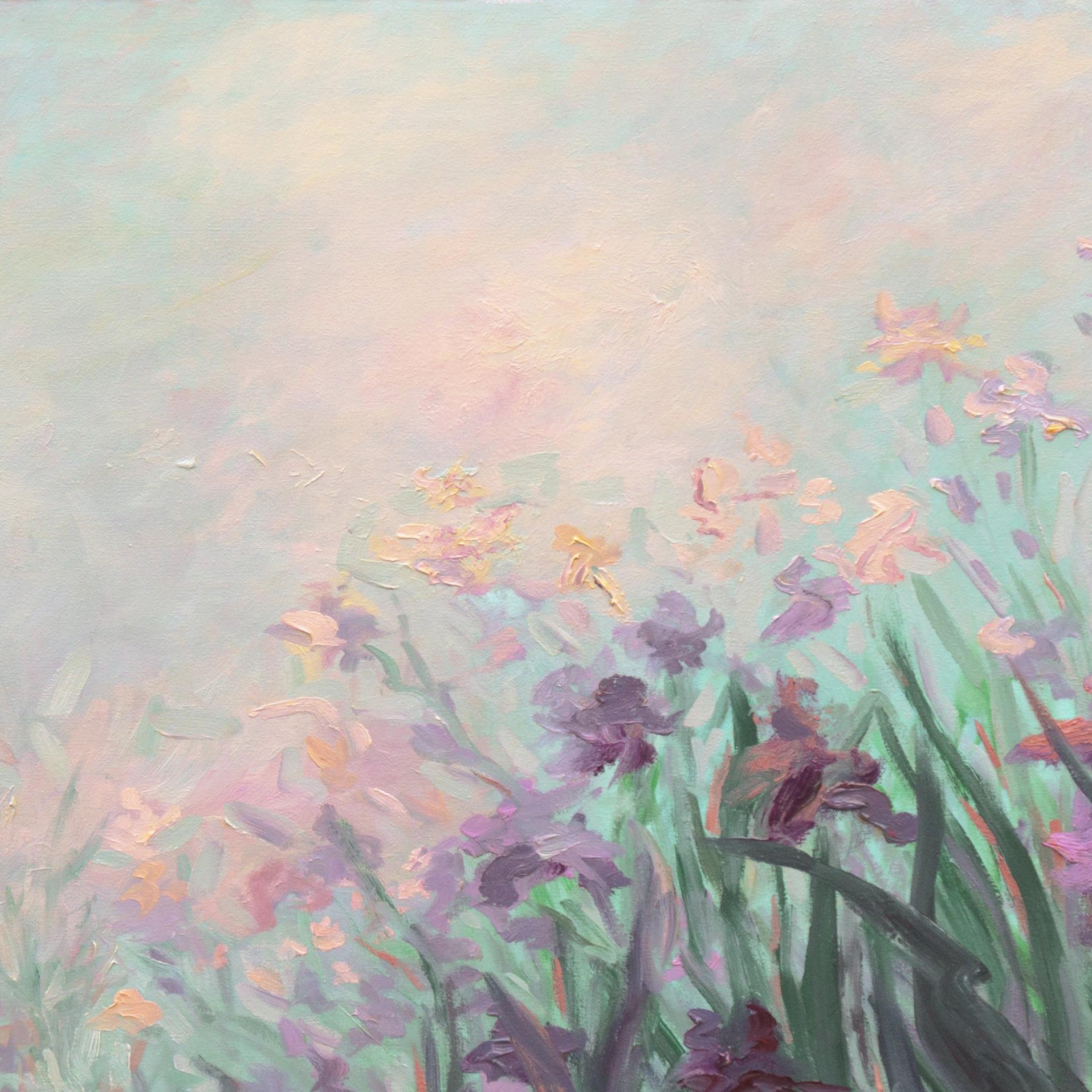 'Irises in a Sunset Breeze', Large Impressionist Botanical Oil, American School - Contemporary Painting by J. C. Baker