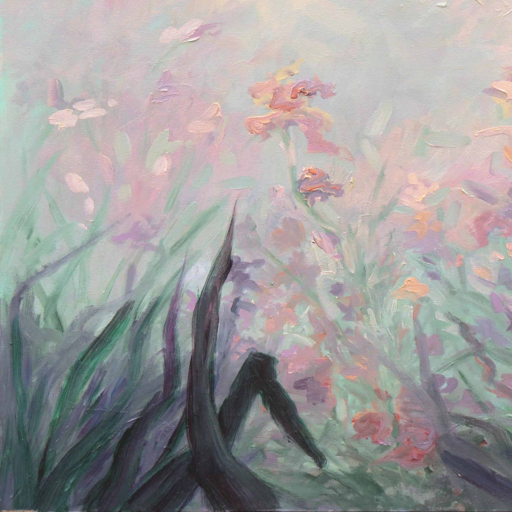 'Irises in a Sunset Breeze', Large Impressionist Botanical Oil, American School - Gray Landscape Painting by J. C. Baker
