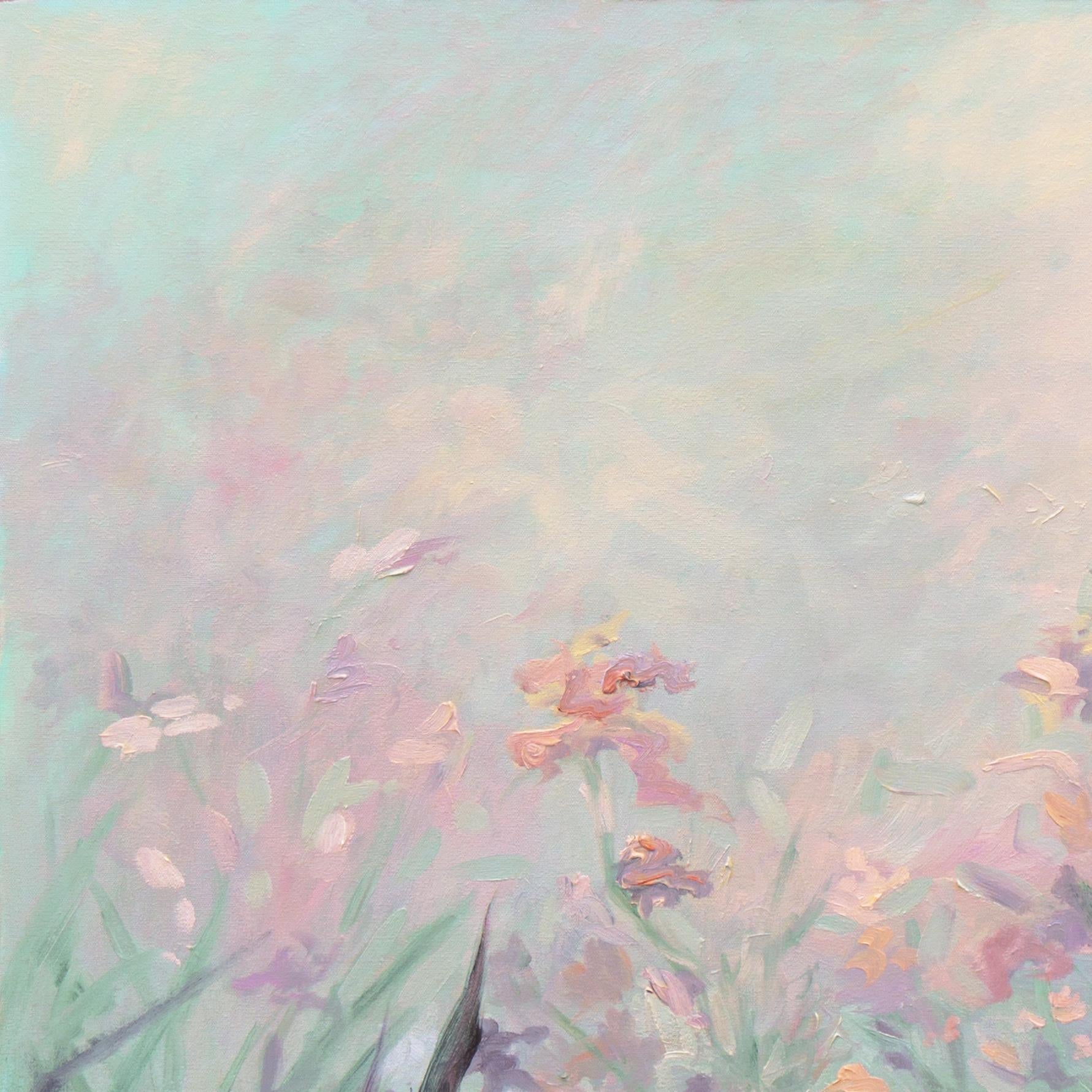  A substantial, Impressionist botanical oil showing a bevy of purple and yellow irises swaying in an evening breeze and silhouetted against a sunset sky. Signed lower right, 'J. C. Baker' (American, 20th century) and dated 1994.
