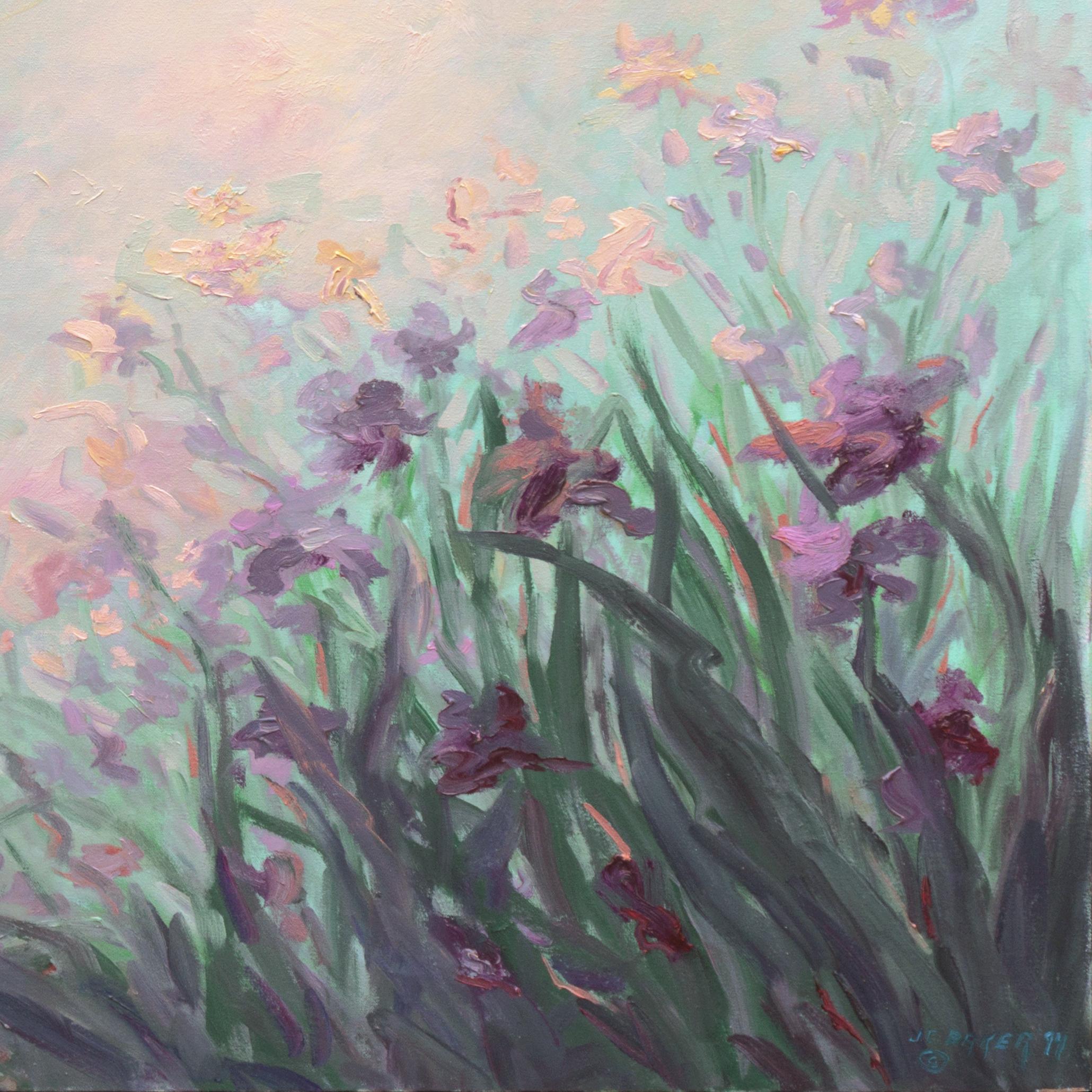 'Irises in a Sunset Breeze', Large Impressionist Botanical Oil, American School - Gray Landscape Painting by J. C. Baker